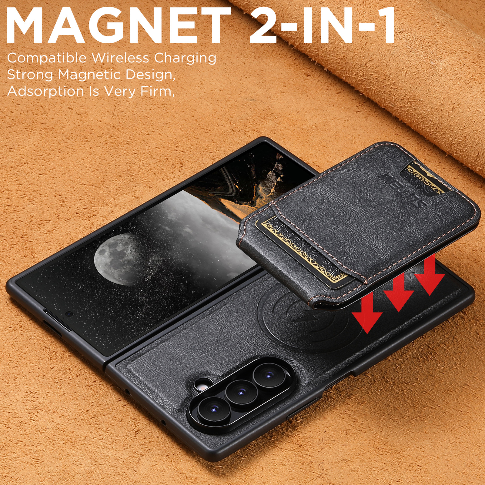 SUTENI M5 Magnet Wireless Charging Luxury Faux Leather Phone Case Card Holder Stand For Samsung Galaxy Z Fold 7 6
