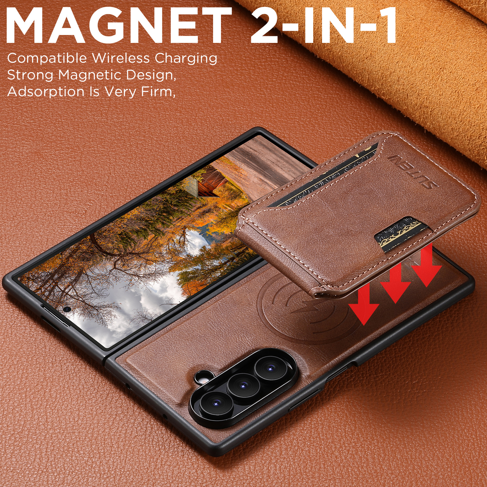 SUTENI M3 Magnet Wireless Charging Luxury Faux Leather Phone Case Card Holder Stand For Samsung Galaxy Z Fold 7 6
