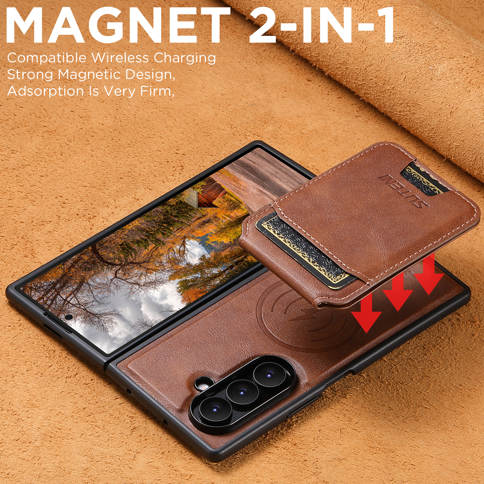 SUTENI M5 Magnet Wireless Charging Luxury Faux Leather Phone Case Card Holder Stand For Samsung Galaxy Z Fold 7 6