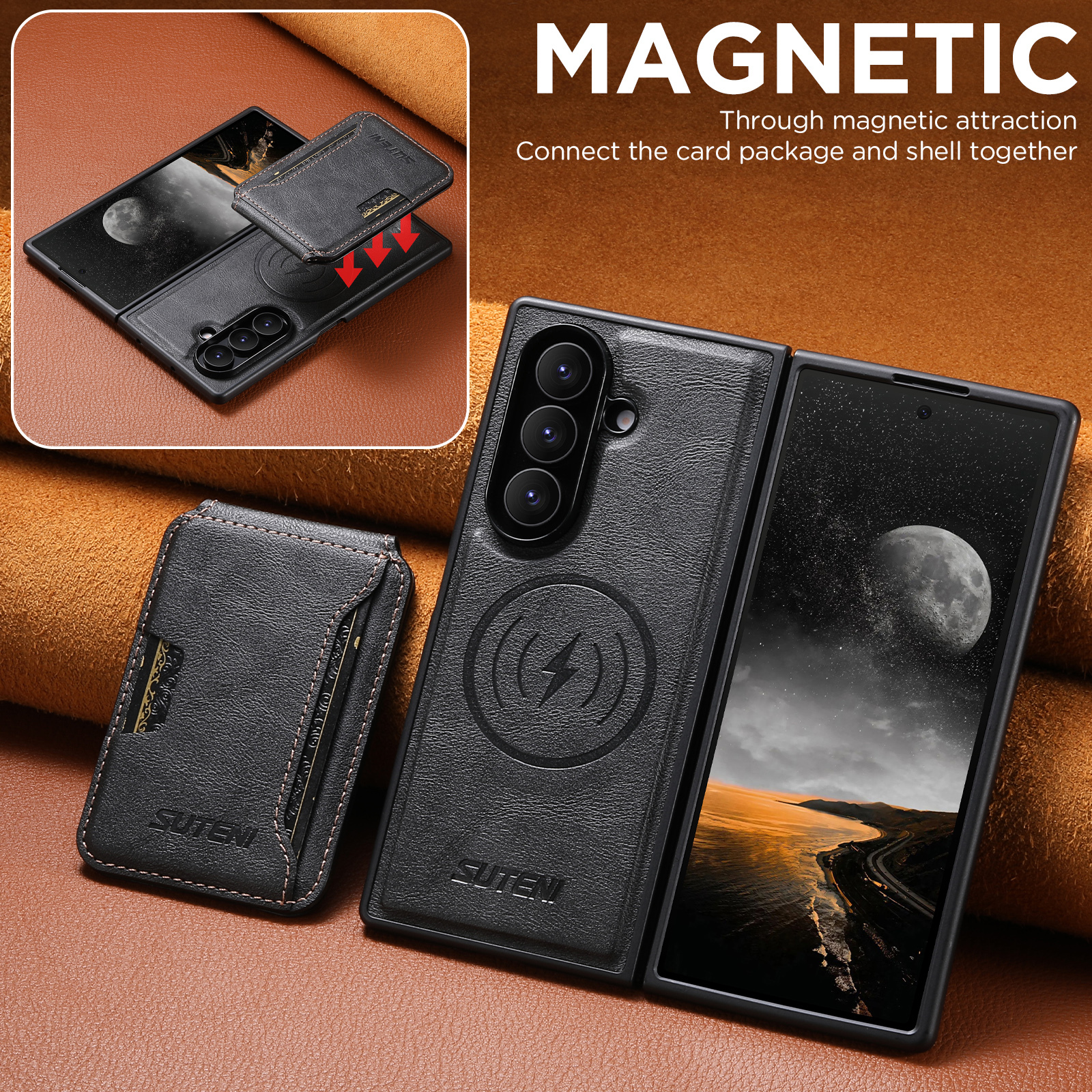 SUTENI M3 Magnet Wireless Charging Luxury Faux Leather Phone Case Card Holder Stand For Samsung Galaxy Z Fold 7 6