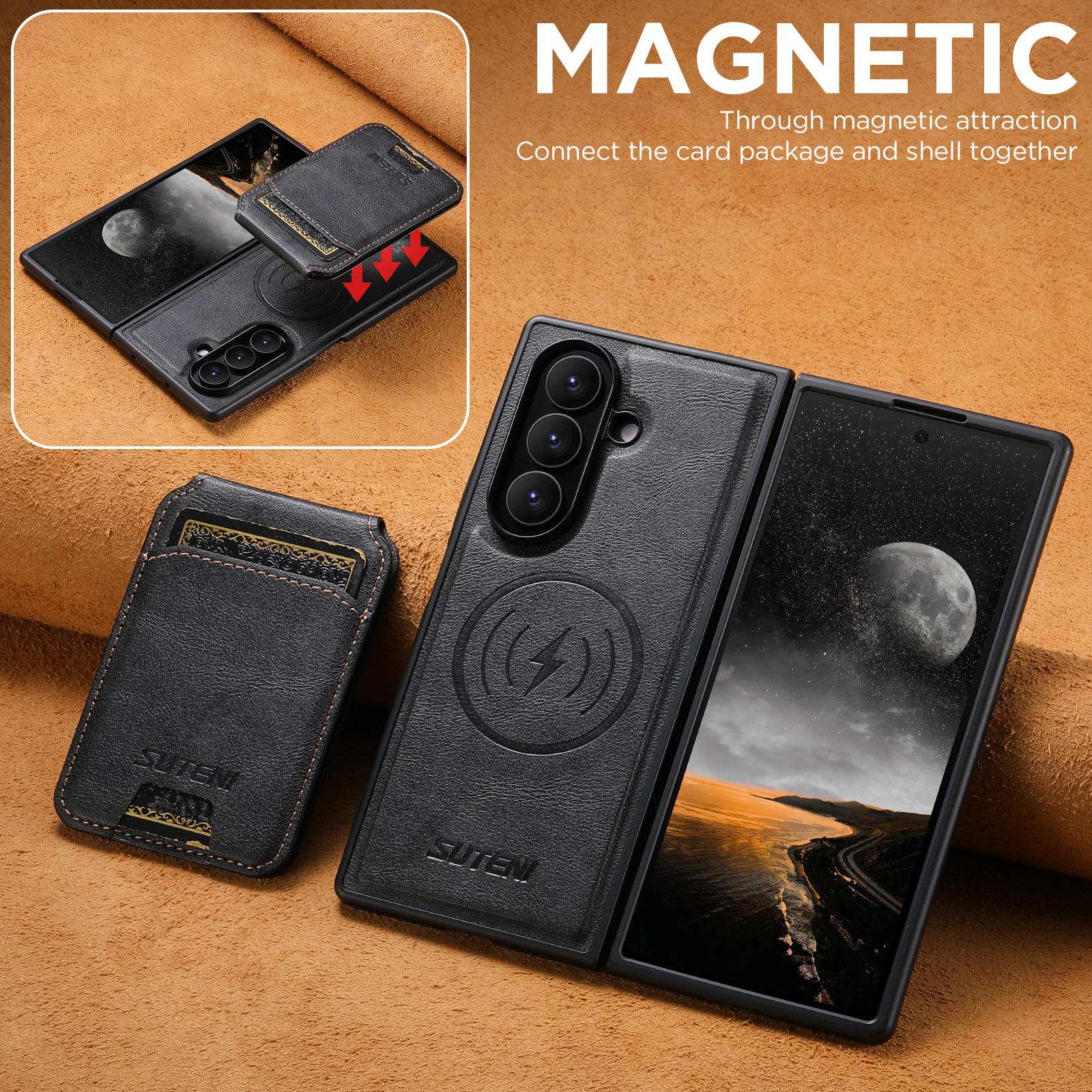 SUTENI M5 Magnet Wireless Charging Luxury Faux Leather Phone Case Card Holder Stand For Samsung Galaxy Z Fold 7 6