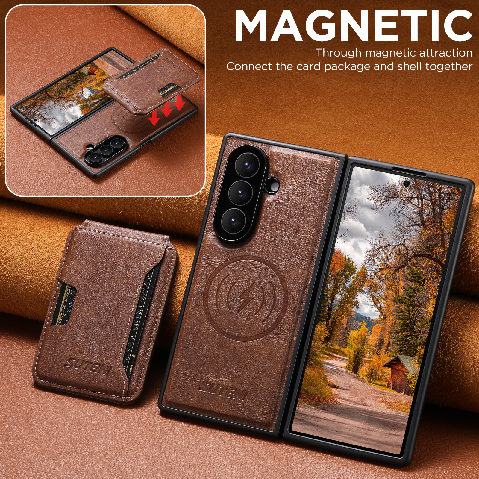 SUTENI M3 Magnet Wireless Charging Luxury Faux Leather Phone Case Card Holder Stand For Samsung Galaxy Z Fold 7 6