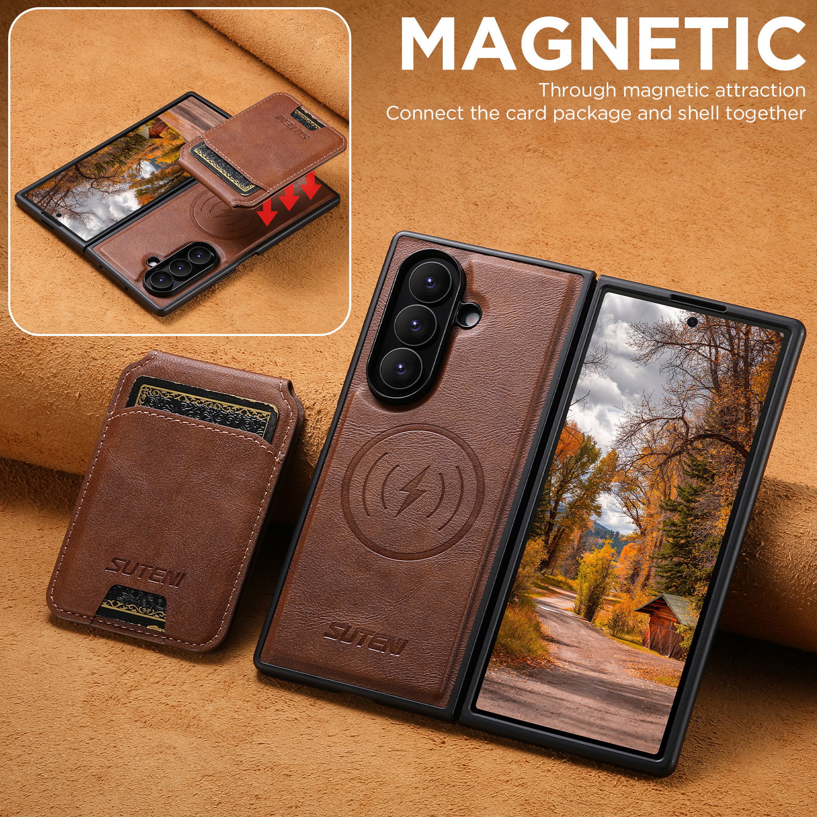 SUTENI M5 Magnet Wireless Charging Luxury Faux Leather Phone Case Card Holder Stand For Samsung Galaxy Z Fold 7 6