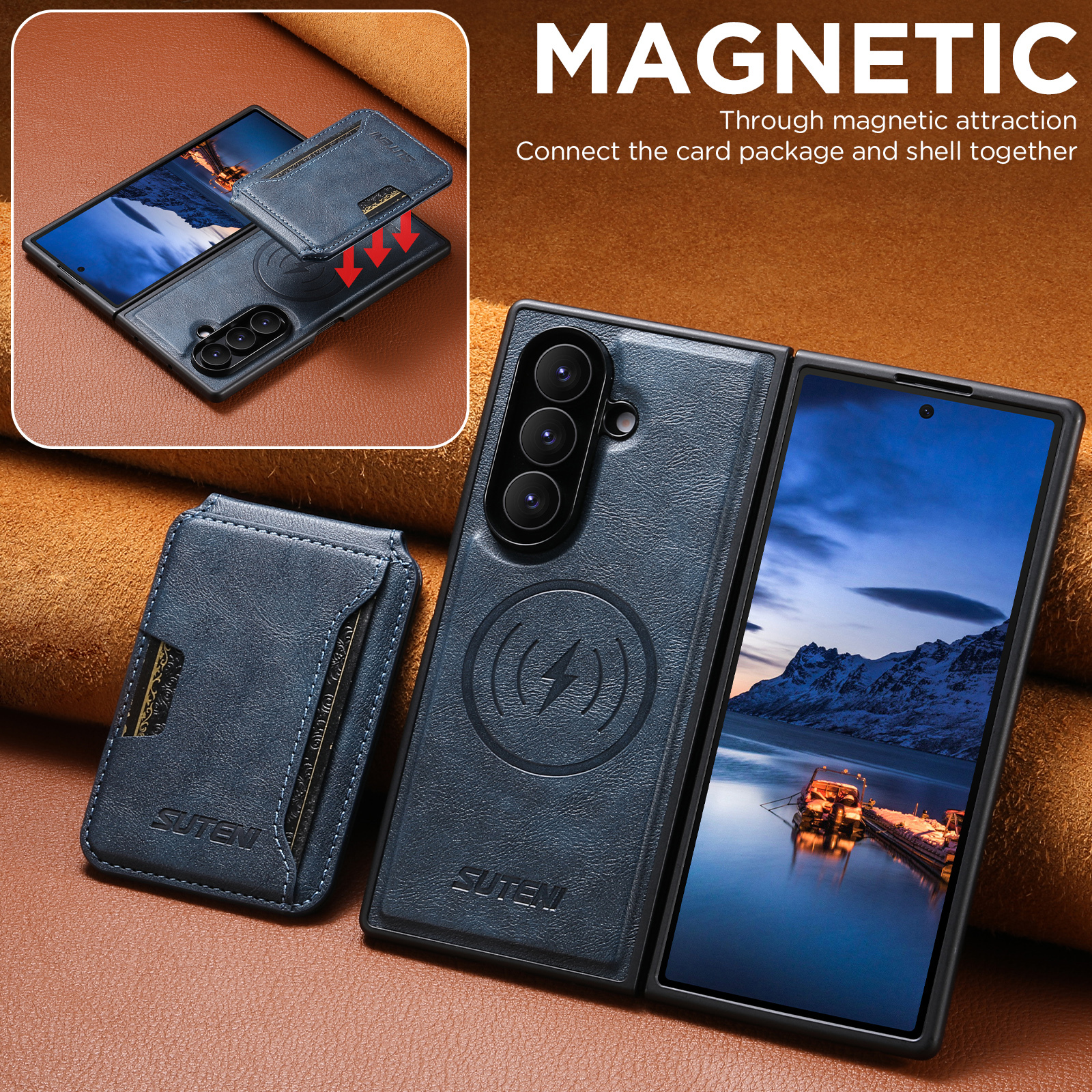 SUTENI M3 Magnet Wireless Charging Luxury Faux Leather Phone Case Card Holder Stand For Samsung Galaxy Z Fold 8 Ultra 7 6