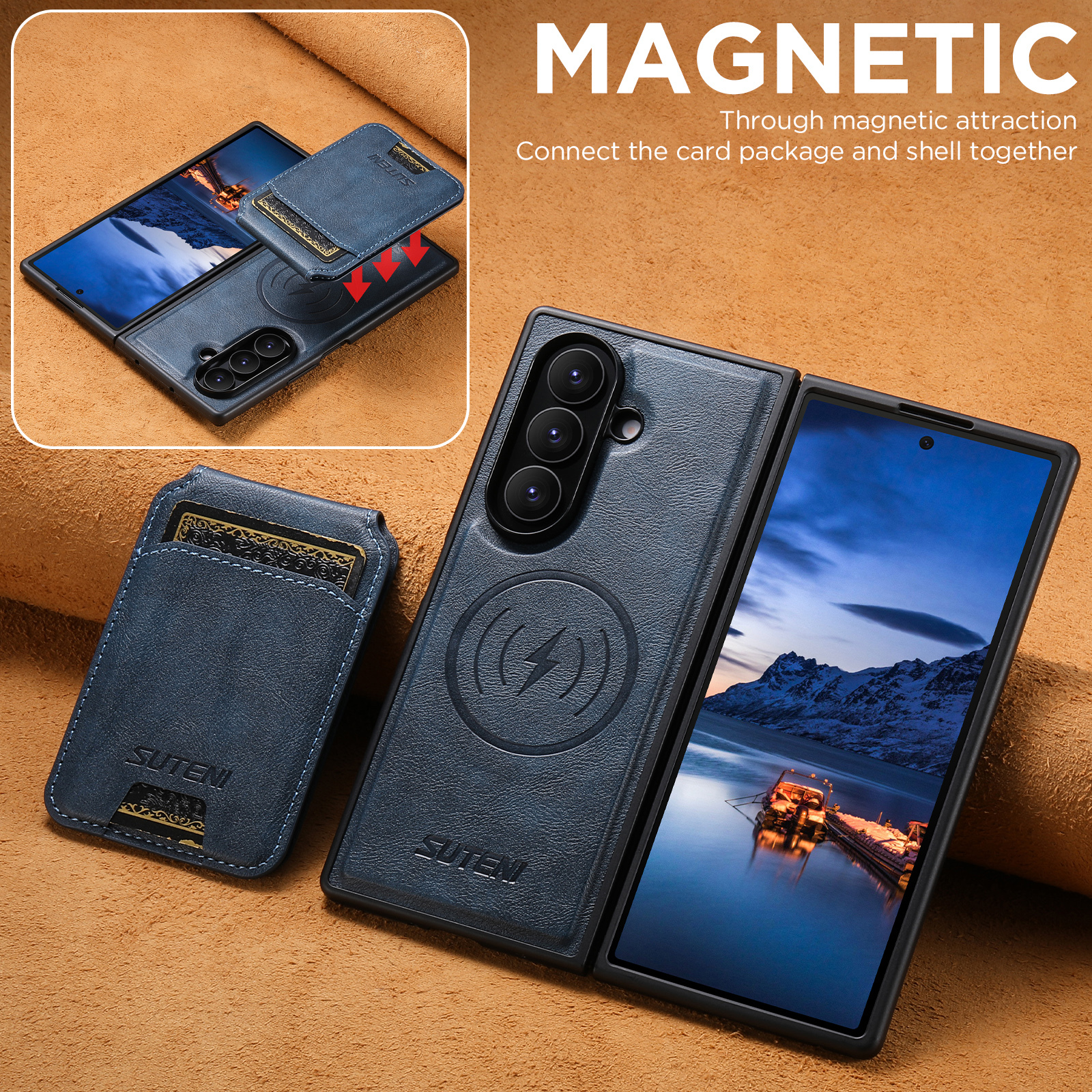SUTENI M5 Magnet Wireless Charging Luxury Faux Leather Phone Case Card Holder Stand For Samsung Galaxy Z Fold 8 Ultra 7 6