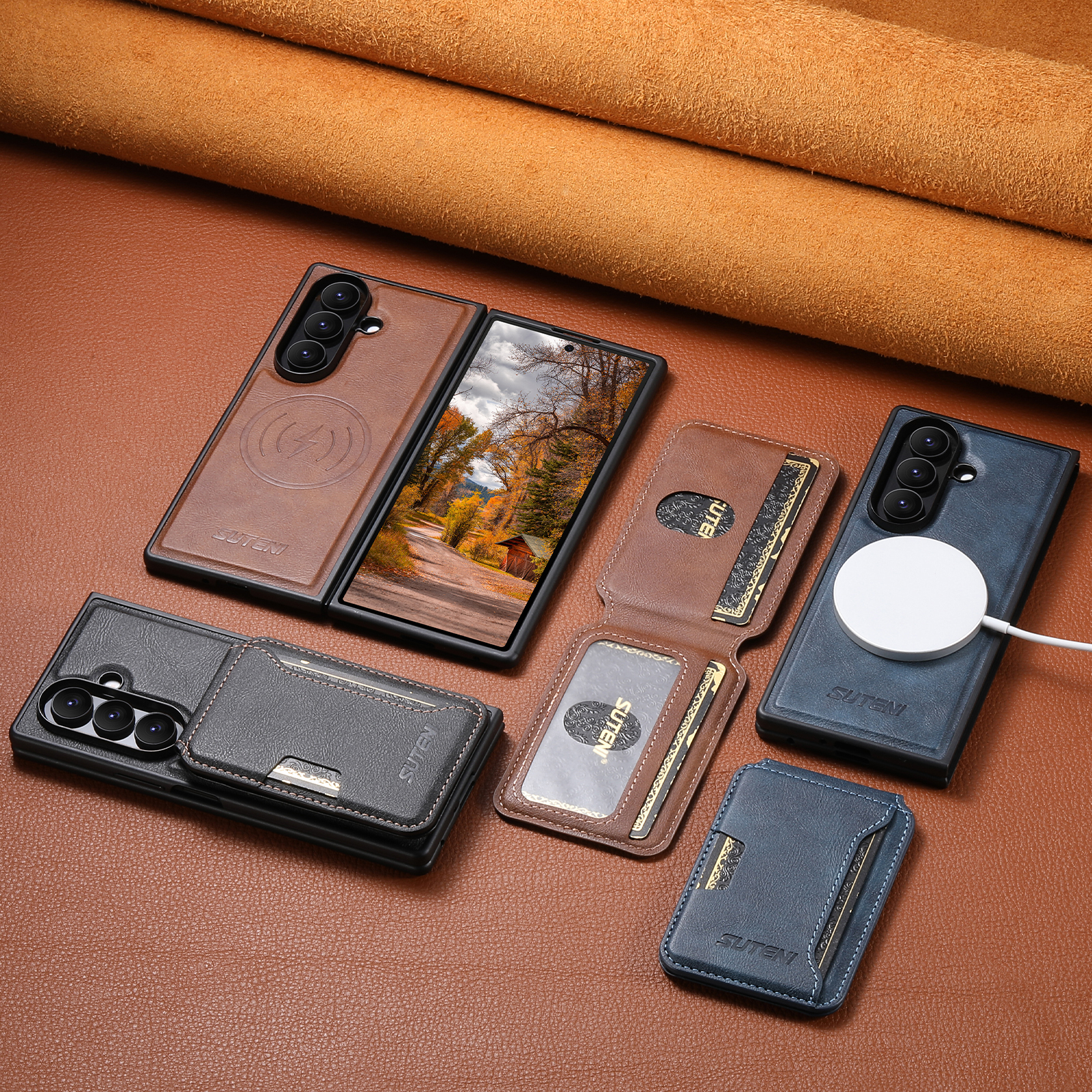 SUTENI M3 Magnet Wireless Charging Luxury Faux Leather Phone Case Card Holder Stand For Samsung Galaxy Z Fold 7 6