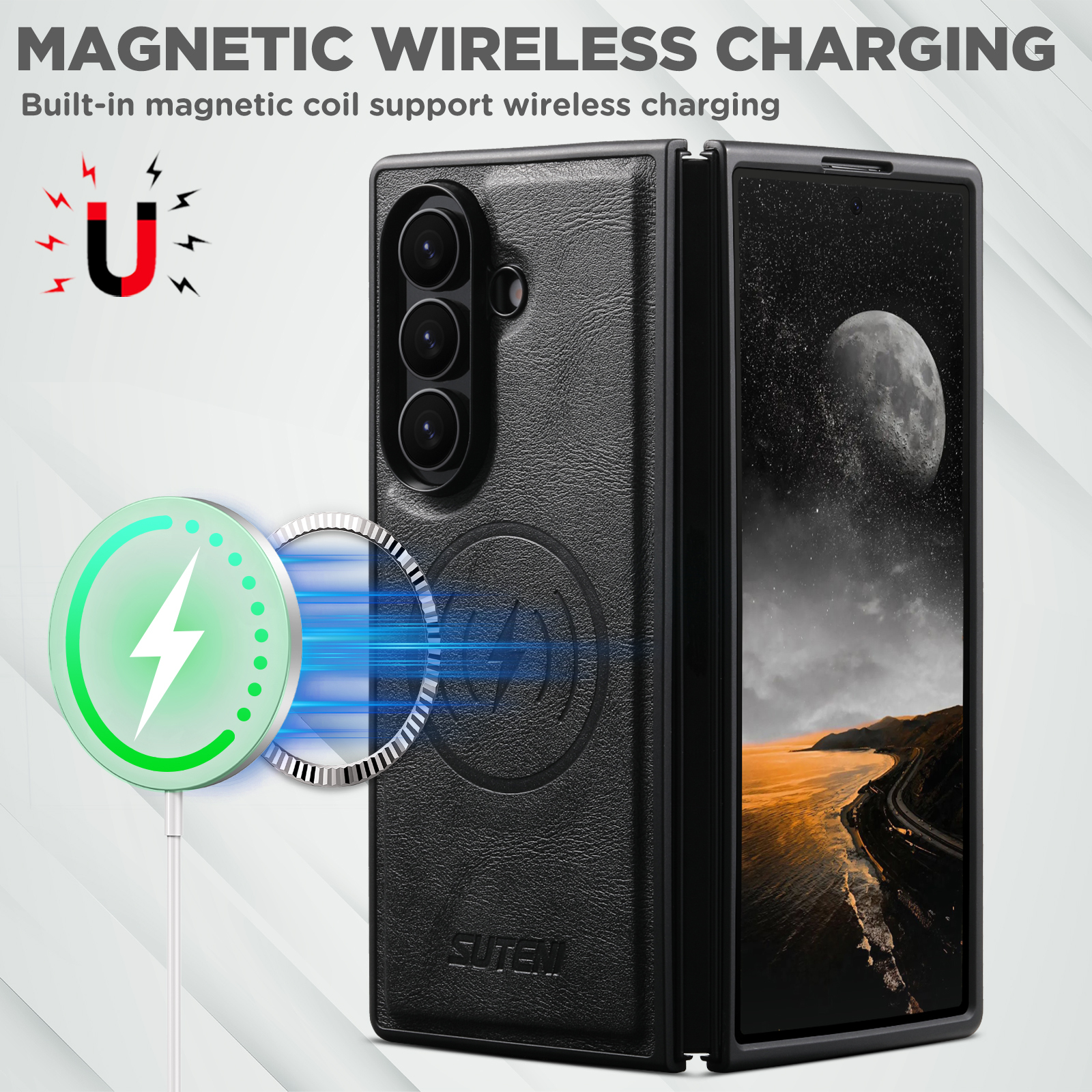 SUTENI G5 Frosted Feel Faux Leather Magnet Wireless Charging Phone Case For Samsung Galaxy Z Fold 7 6