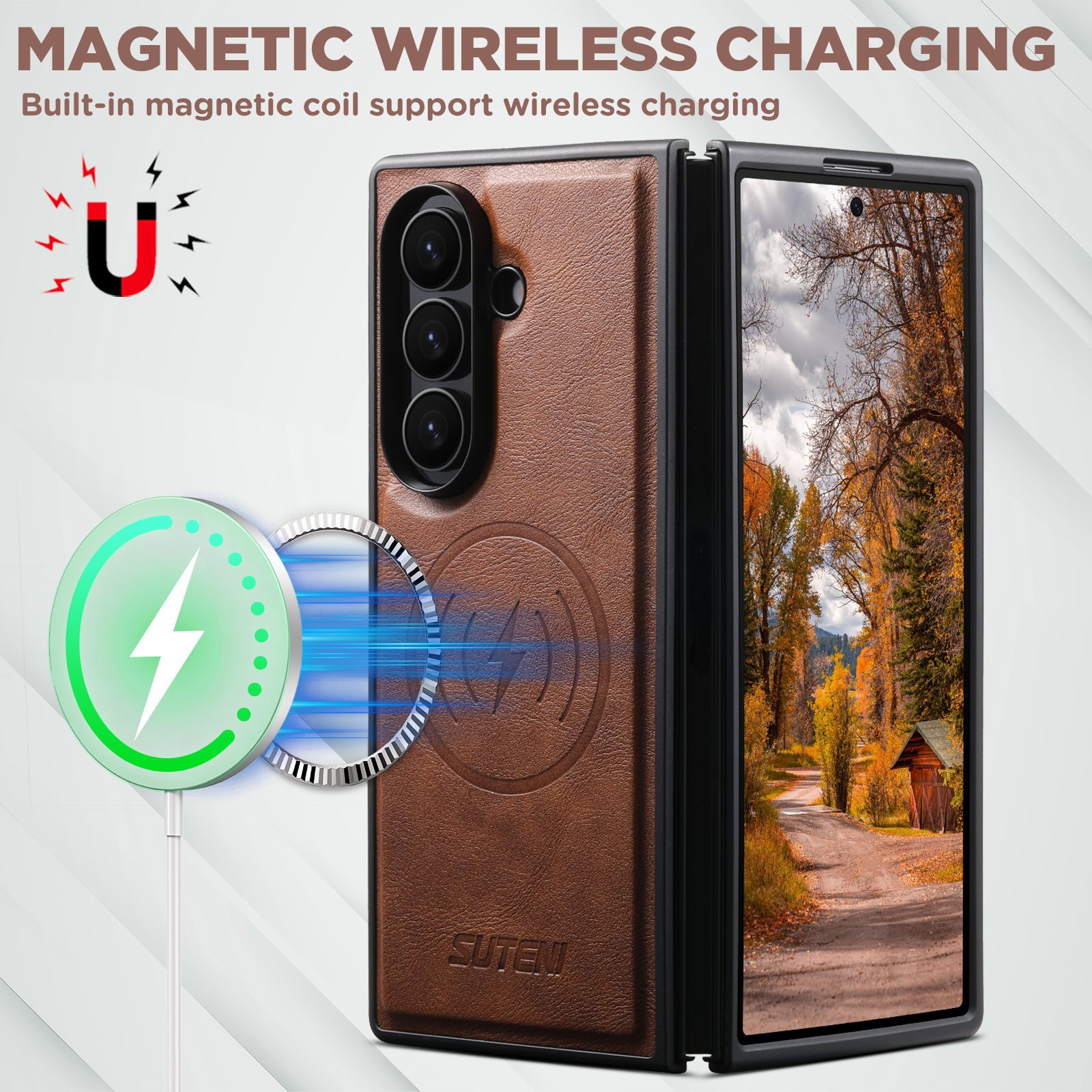 SUTENI G5 Frosted Feel Faux Leather Magnet Wireless Charging Phone Case For Samsung Galaxy Z Fold 7 6
