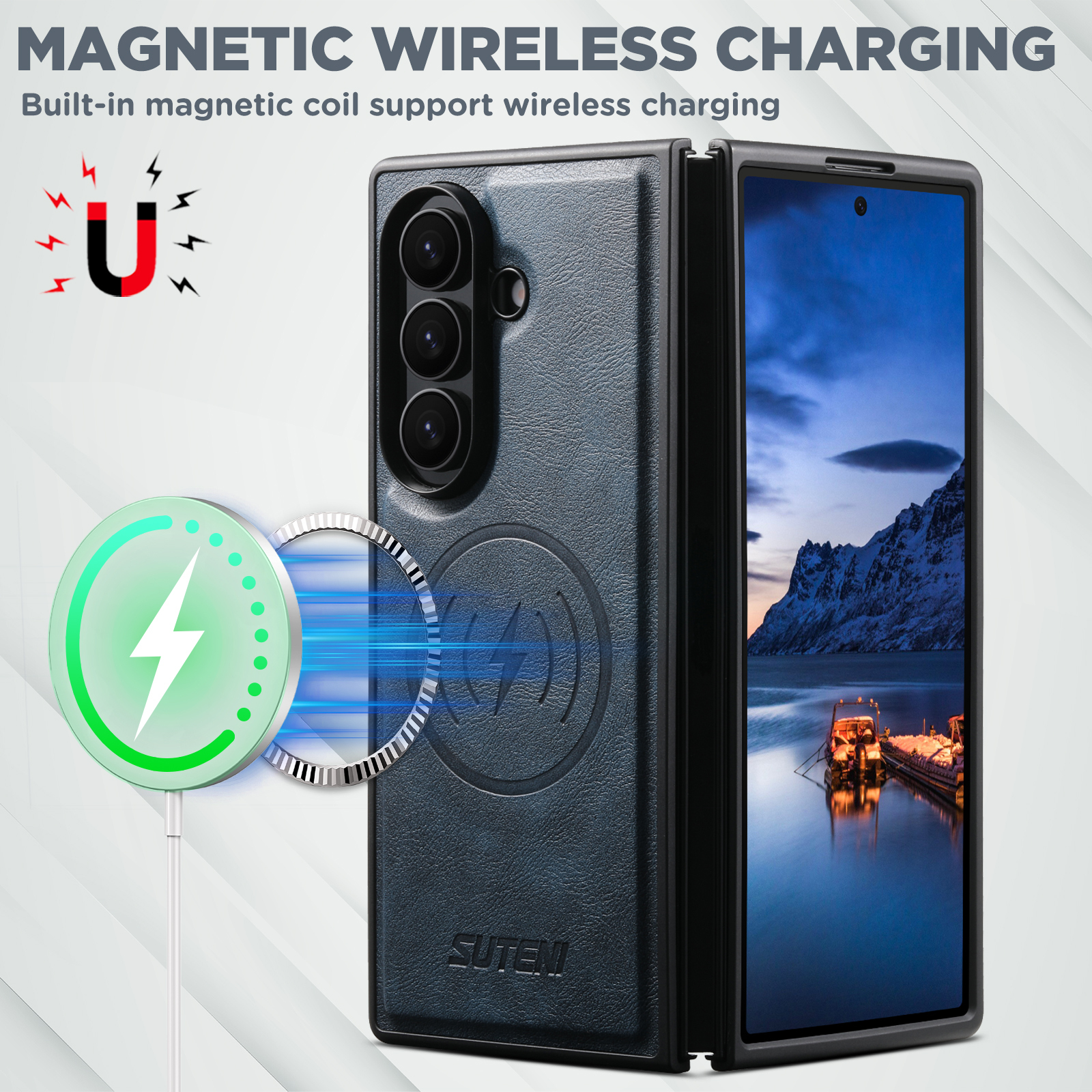 SUTENI G5 Frosted Feel Faux Leather Magnet Wireless Charging Phone Case For Samsung Galaxy Z Fold 8 Ultra 7 6