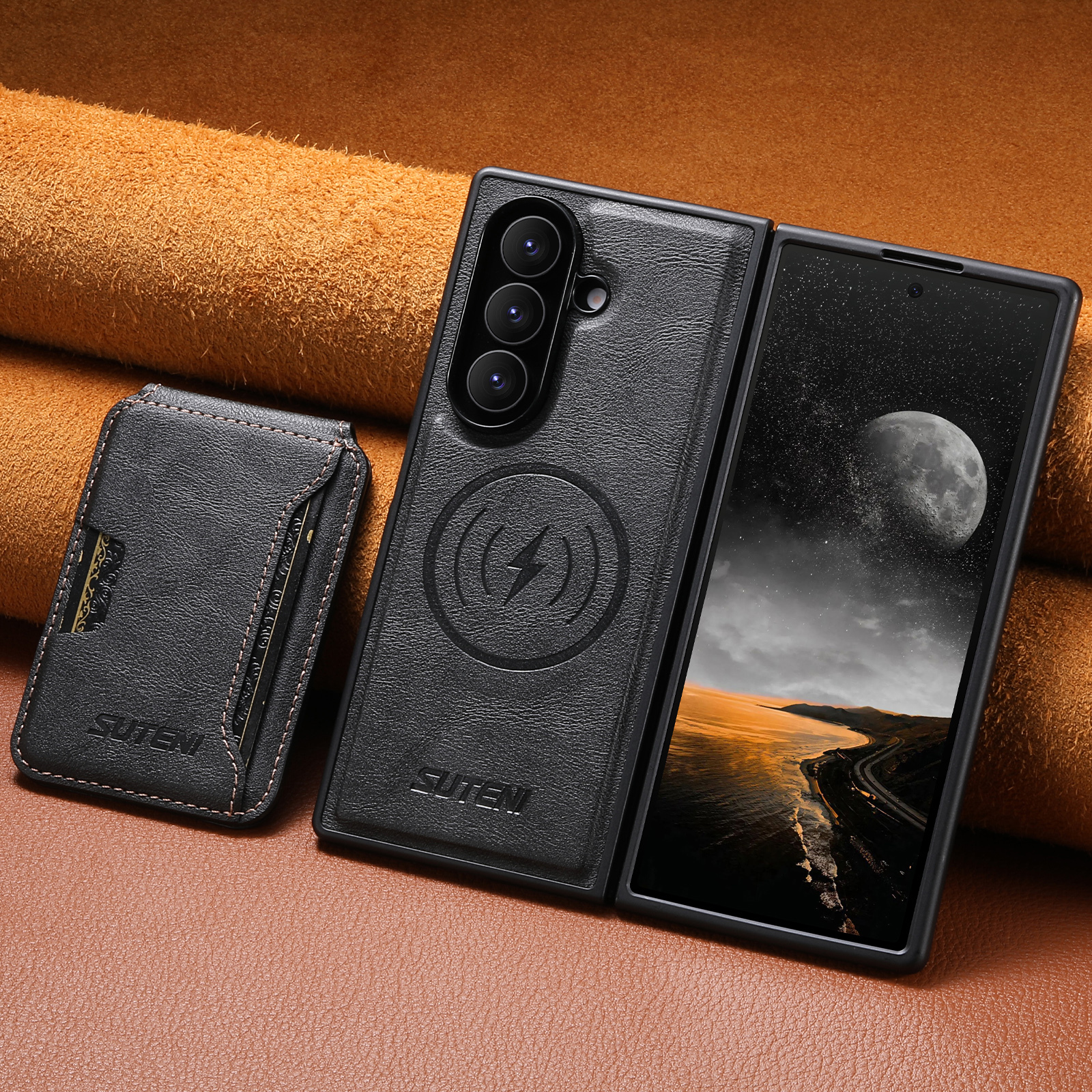 SUTENI M3 Magnet Wireless Charging Luxury Faux Leather Phone Case Card Holder Stand For Samsung Galaxy Z Fold 7 6
