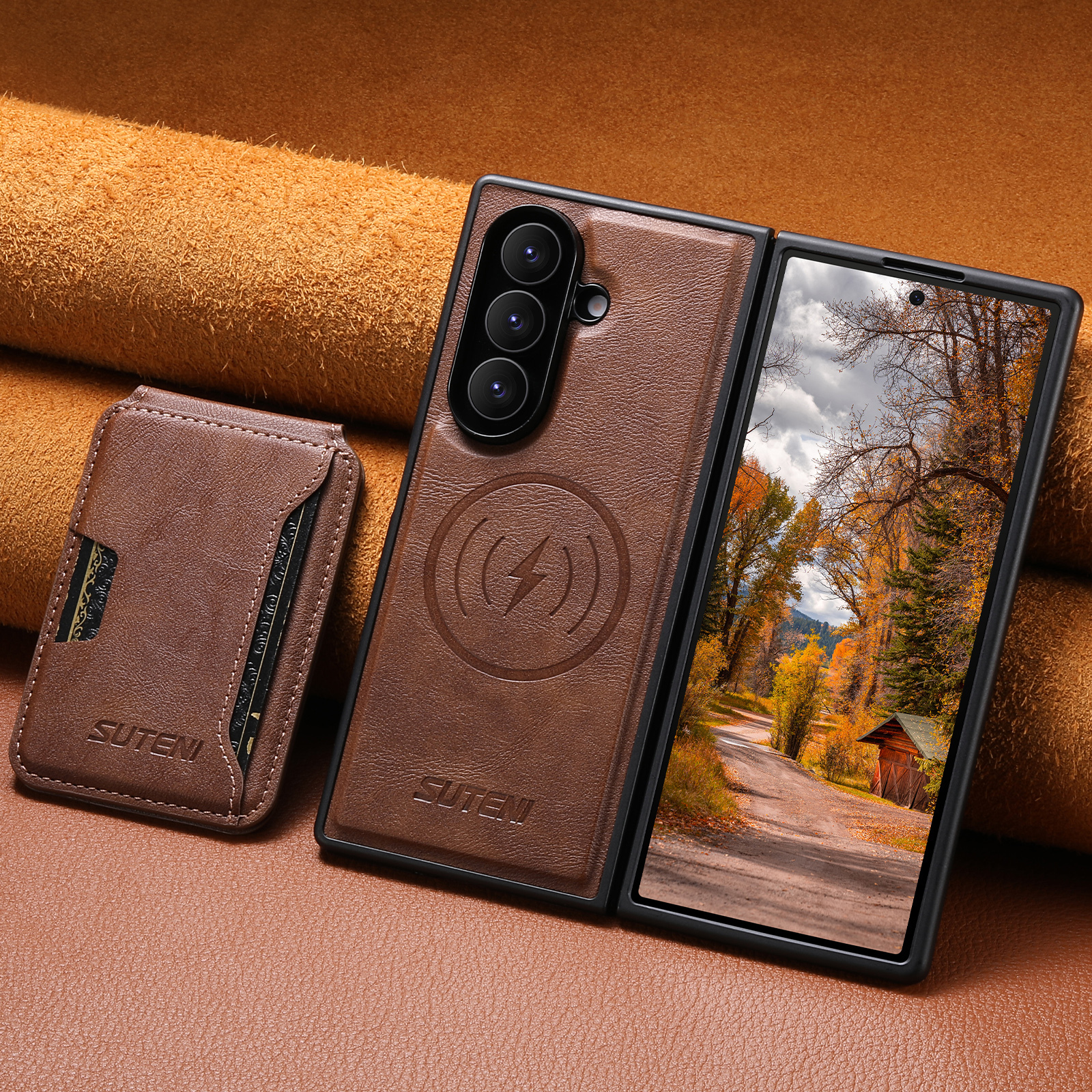 SUTENI M3 Magnet Wireless Charging Luxury Faux Leather Phone Case Card Holder Stand For Samsung Galaxy Z Fold 7 6