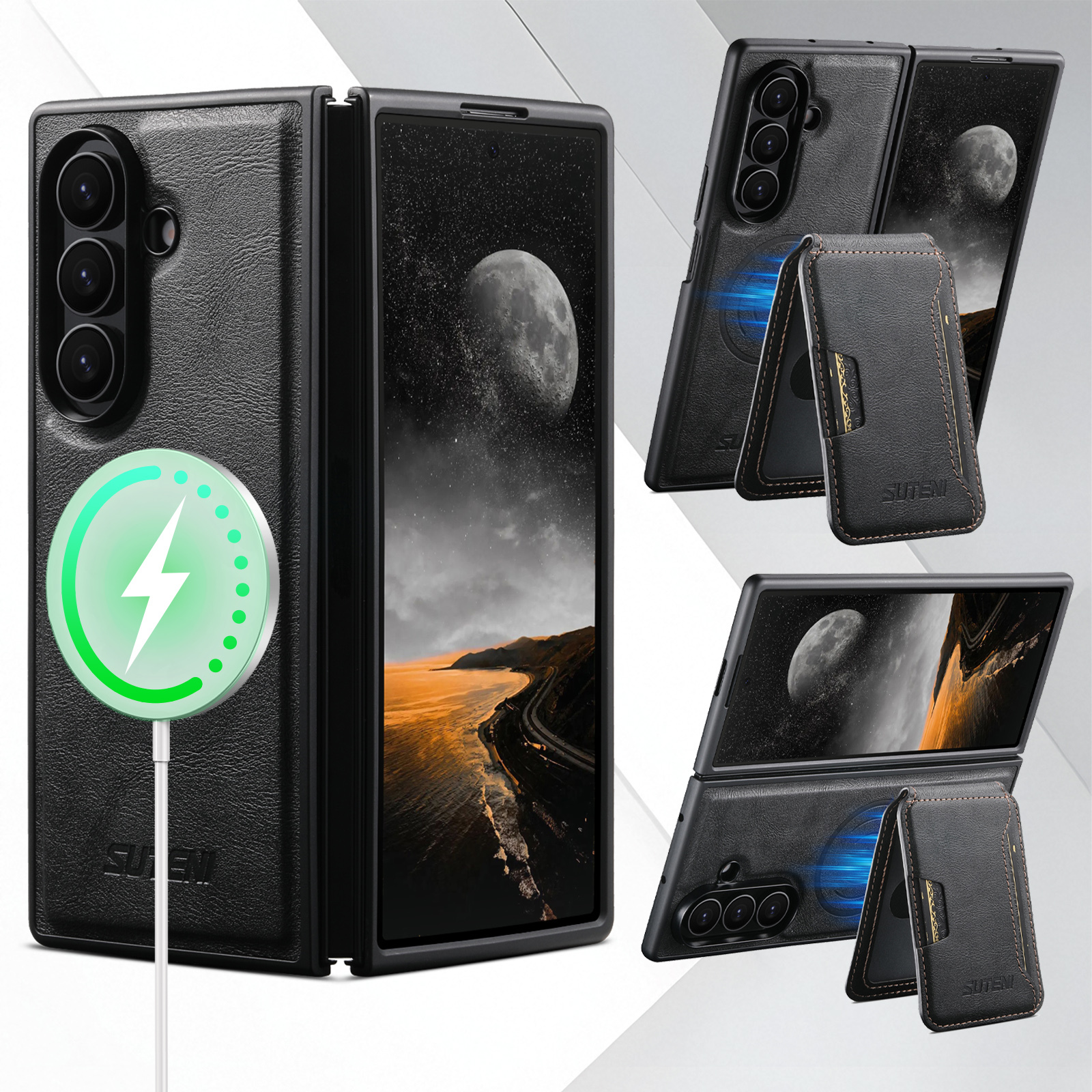 SUTENI M3 Magnet Wireless Charging Luxury Faux Leather Phone Case Card Holder Stand For Samsung Galaxy Z Fold 7 6