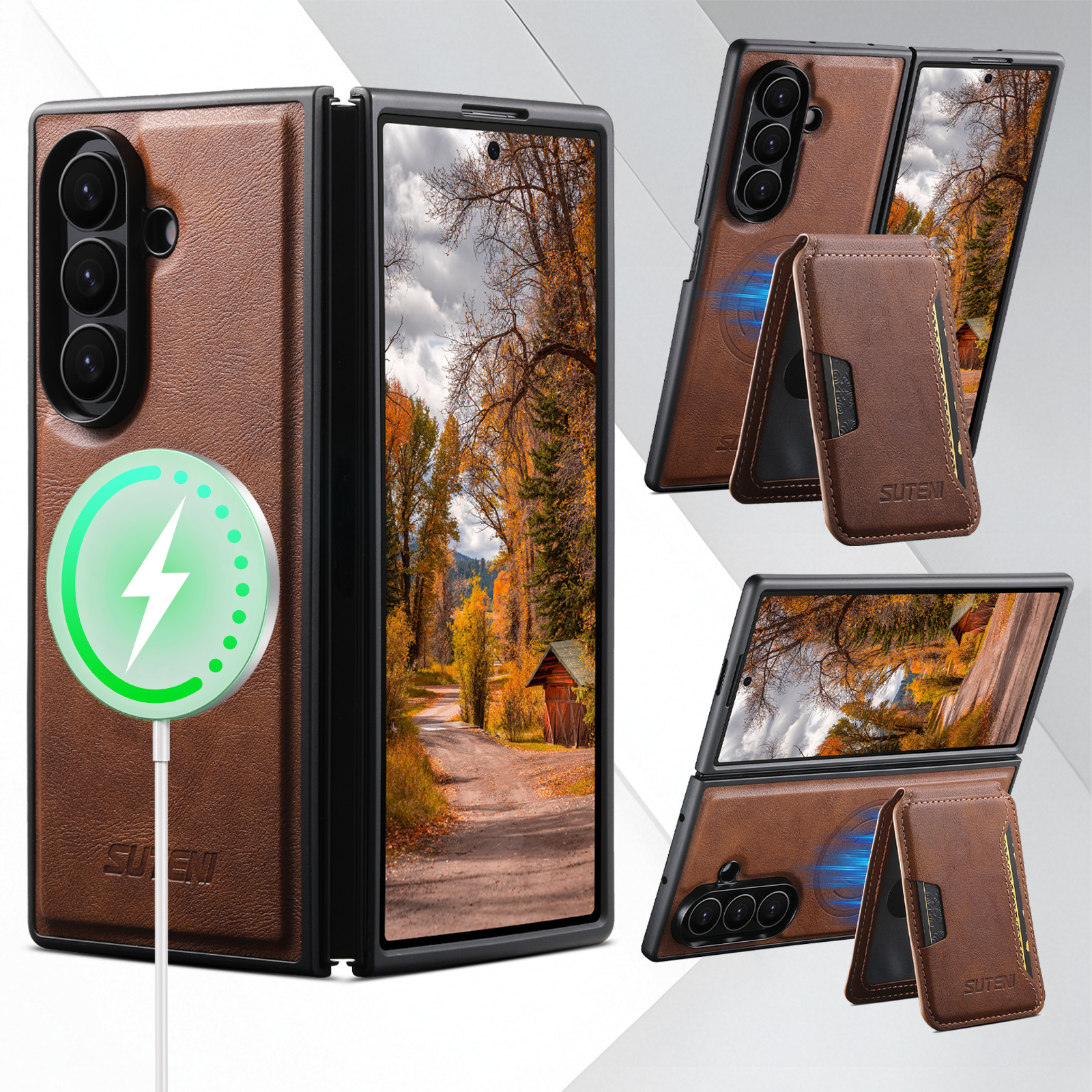 SUTENI M3 Magnet Wireless Charging Luxury Faux Leather Phone Case Card Holder Stand For Samsung Galaxy Z Fold 7 6