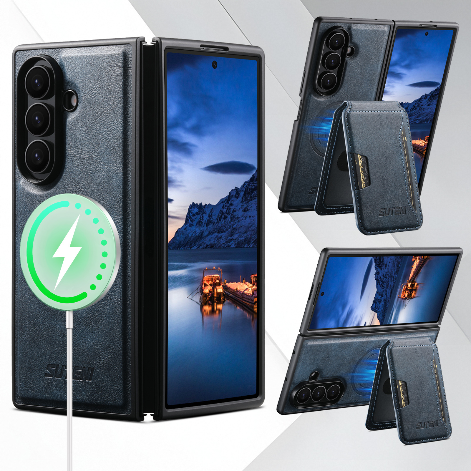 SUTENI M3 Magnet Wireless Charging Luxury Faux Leather Phone Case Card Holder Stand For Samsung Galaxy Z Fold 8 Ultra 7 6