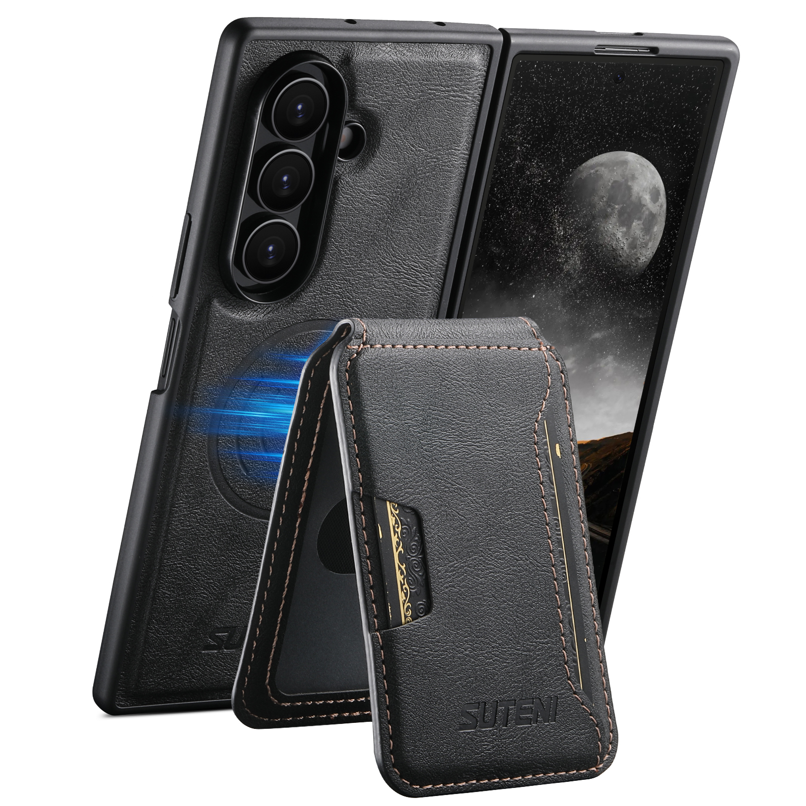 SUTENI M3 Magnet Wireless Charging Luxury Faux Leather Phone Case Card Holder Stand For Samsung Galaxy Z Fold 7 6
