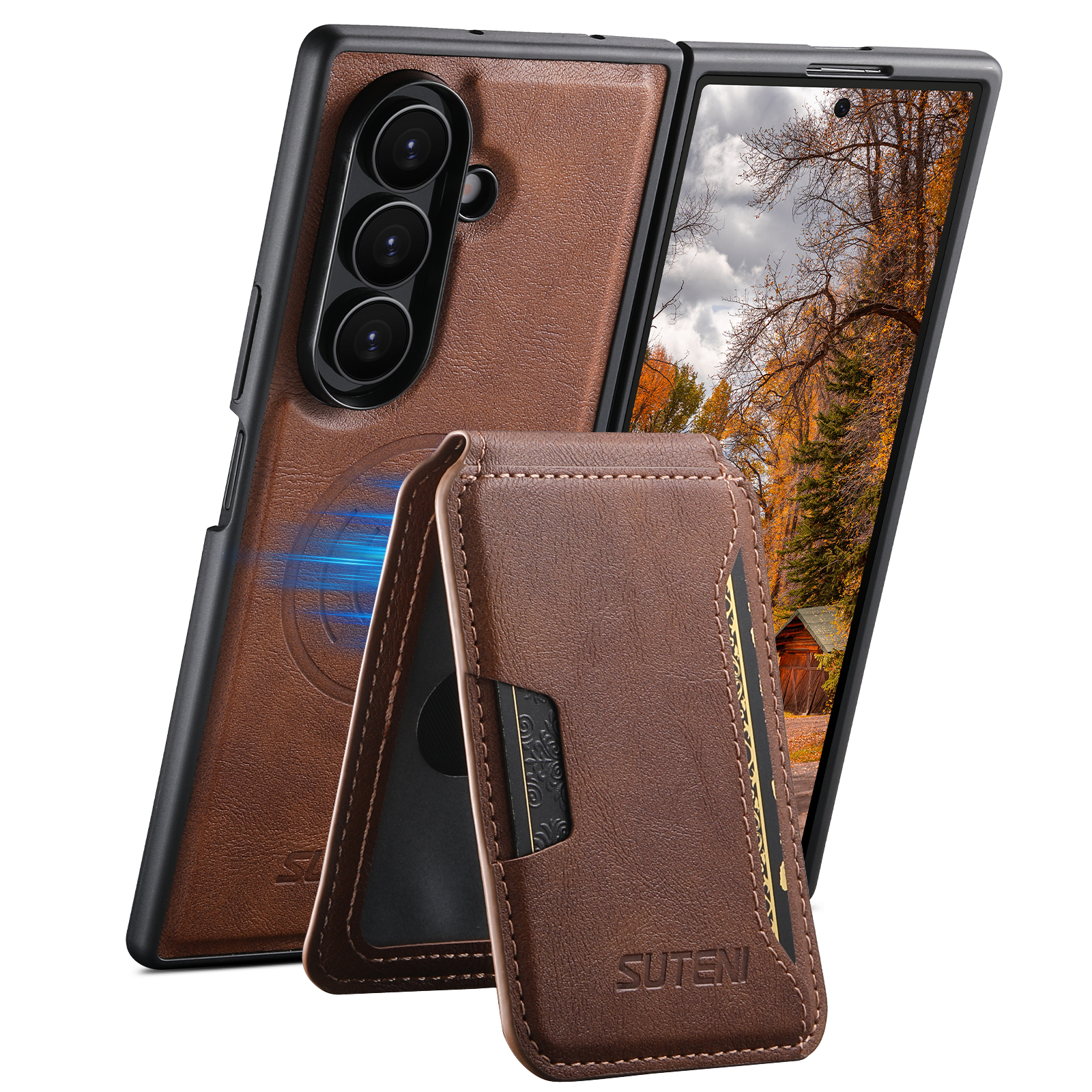 SUTENI M3 Magnet Wireless Charging Luxury Faux Leather Phone Case Card Holder Stand For Samsung Galaxy Z Fold 7 6