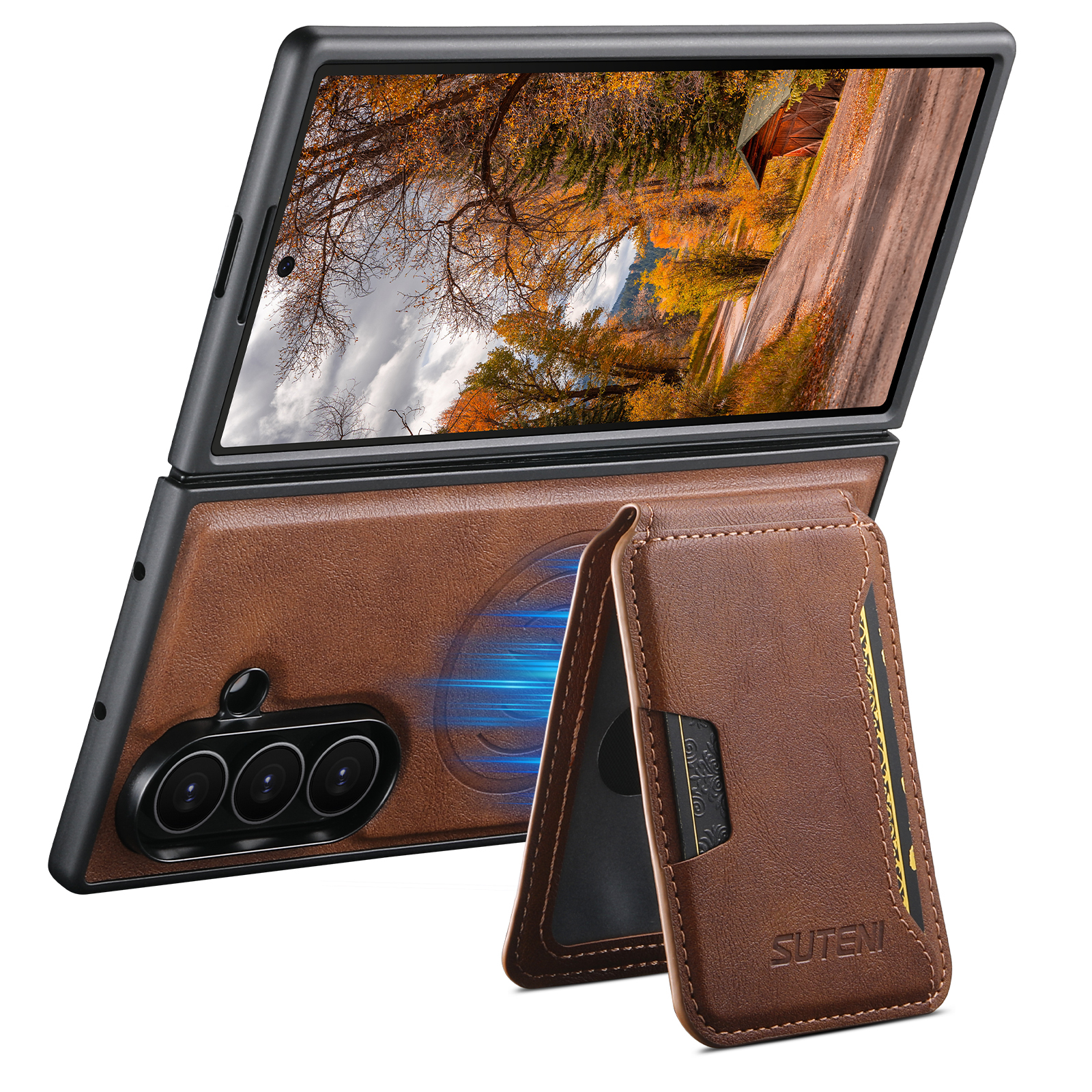 SUTENI M3 Magnet Wireless Charging Luxury Faux Leather Phone Case Card Holder Stand For Samsung Galaxy Z Fold 7 6