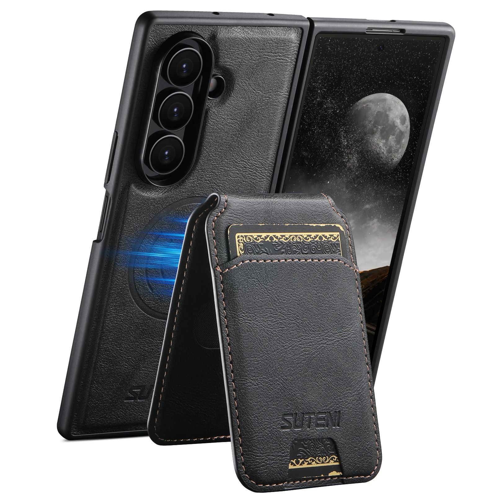 SUTENI M5 Magnet Wireless Charging Luxury Faux Leather Phone Case Card Holder Stand For Samsung Galaxy Z Fold 7 6