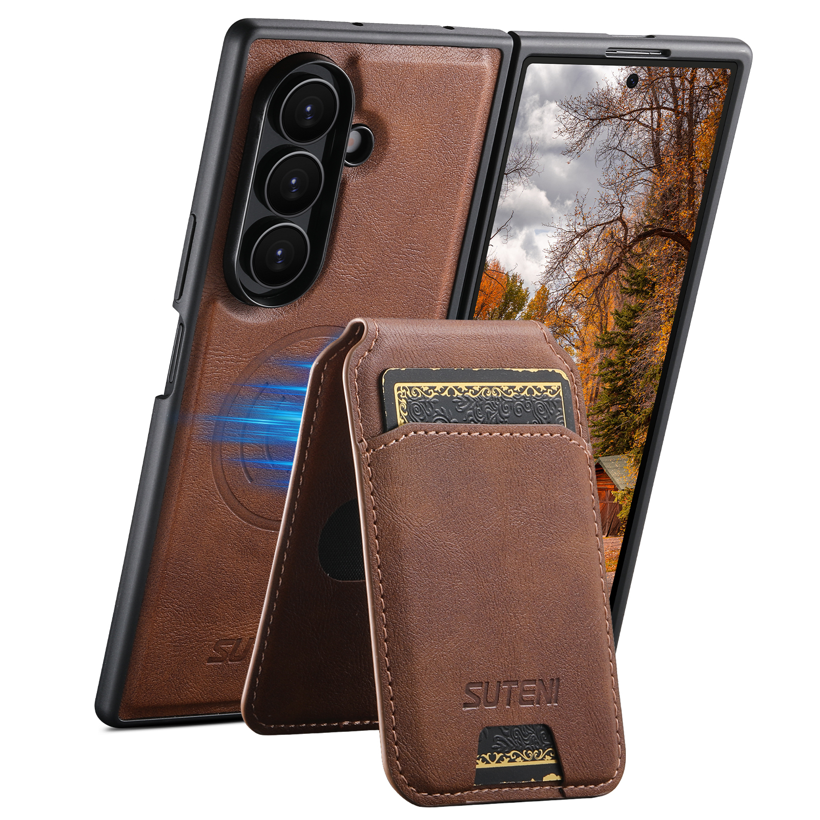 SUTENI M5 Magnet Wireless Charging Luxury Faux Leather Phone Case Card Holder Stand For Samsung Galaxy Z Fold 7 6