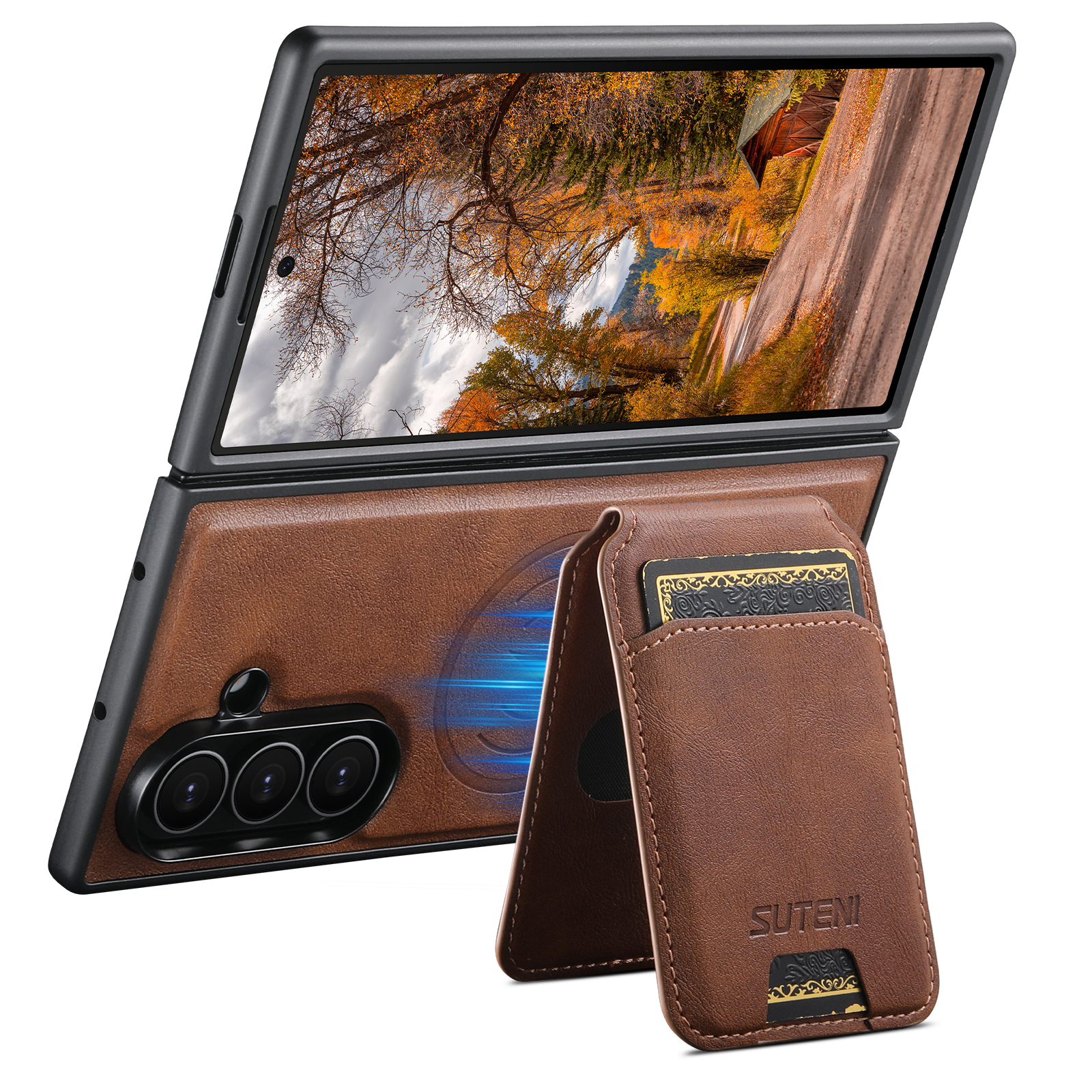 SUTENI M5 Magnet Wireless Charging Luxury Faux Leather Phone Case Card Holder Stand For Samsung Galaxy Z Fold 7 6