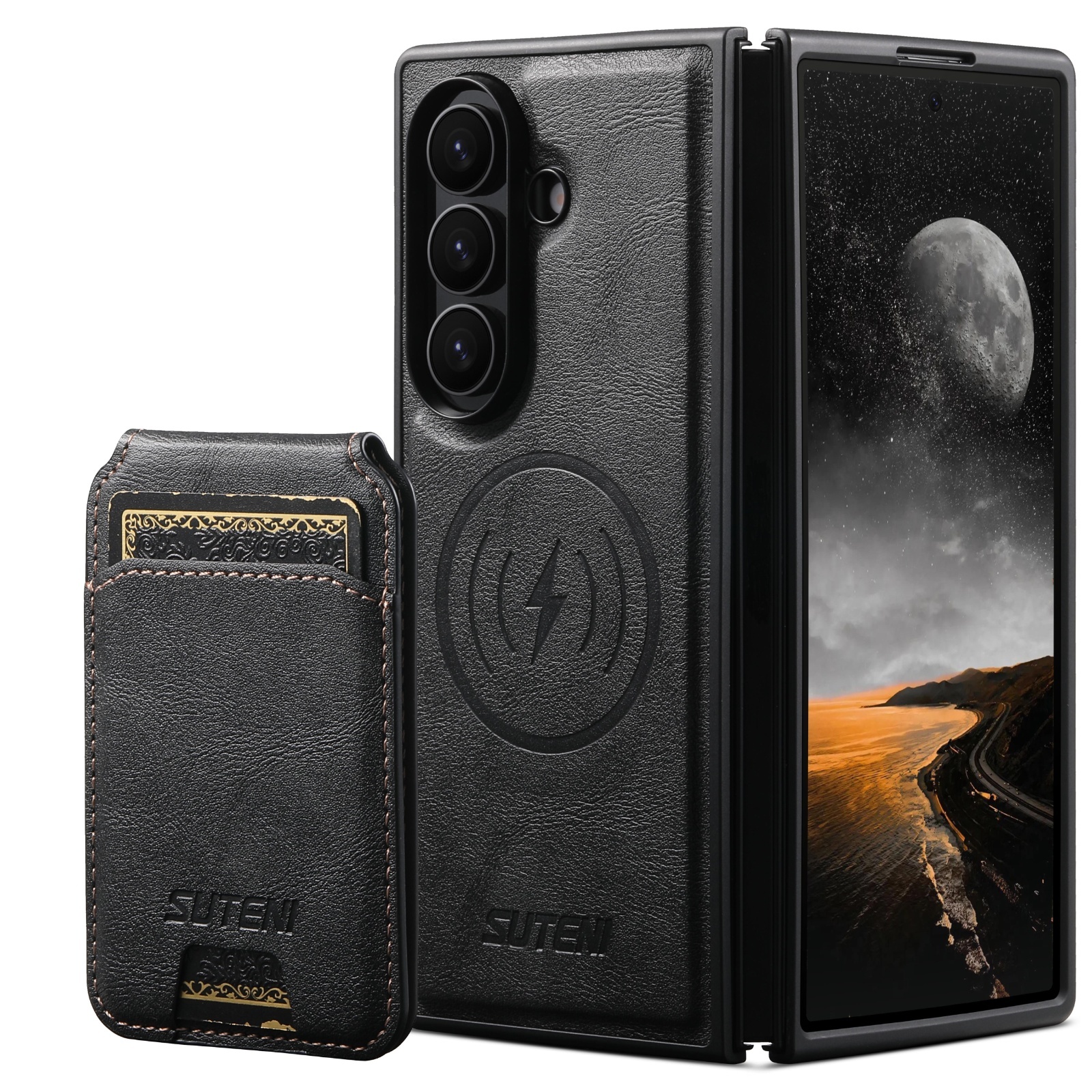 SUTENI M5 Magnet Wireless Charging Luxury Faux Leather Phone Case Card Holder Stand For Samsung Galaxy Z Fold 8 Ultra 7 6