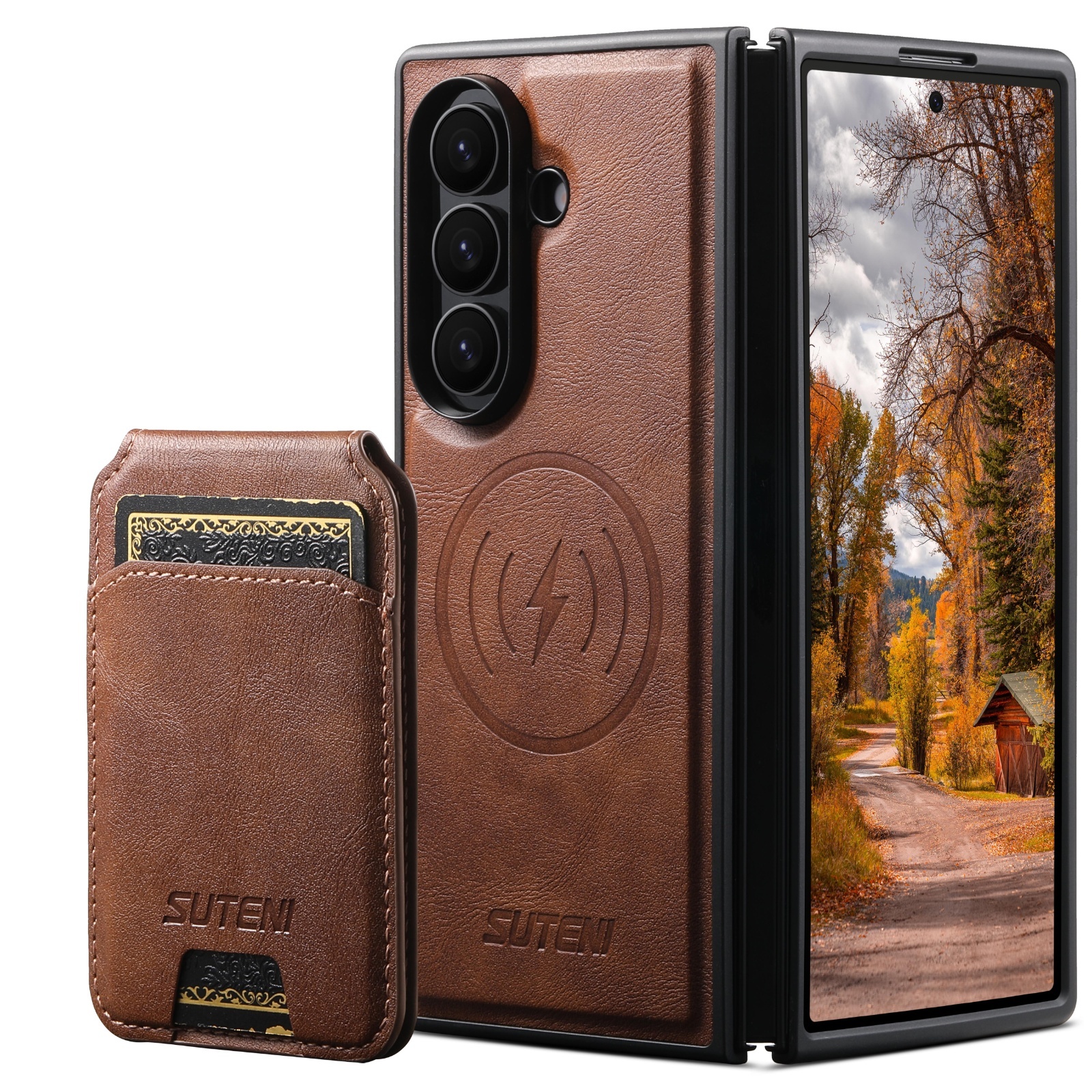 SUTENI M5 Magnet Wireless Charging Luxury Faux Leather Phone Case Card Holder Stand For Samsung Galaxy Z Fold 7 6