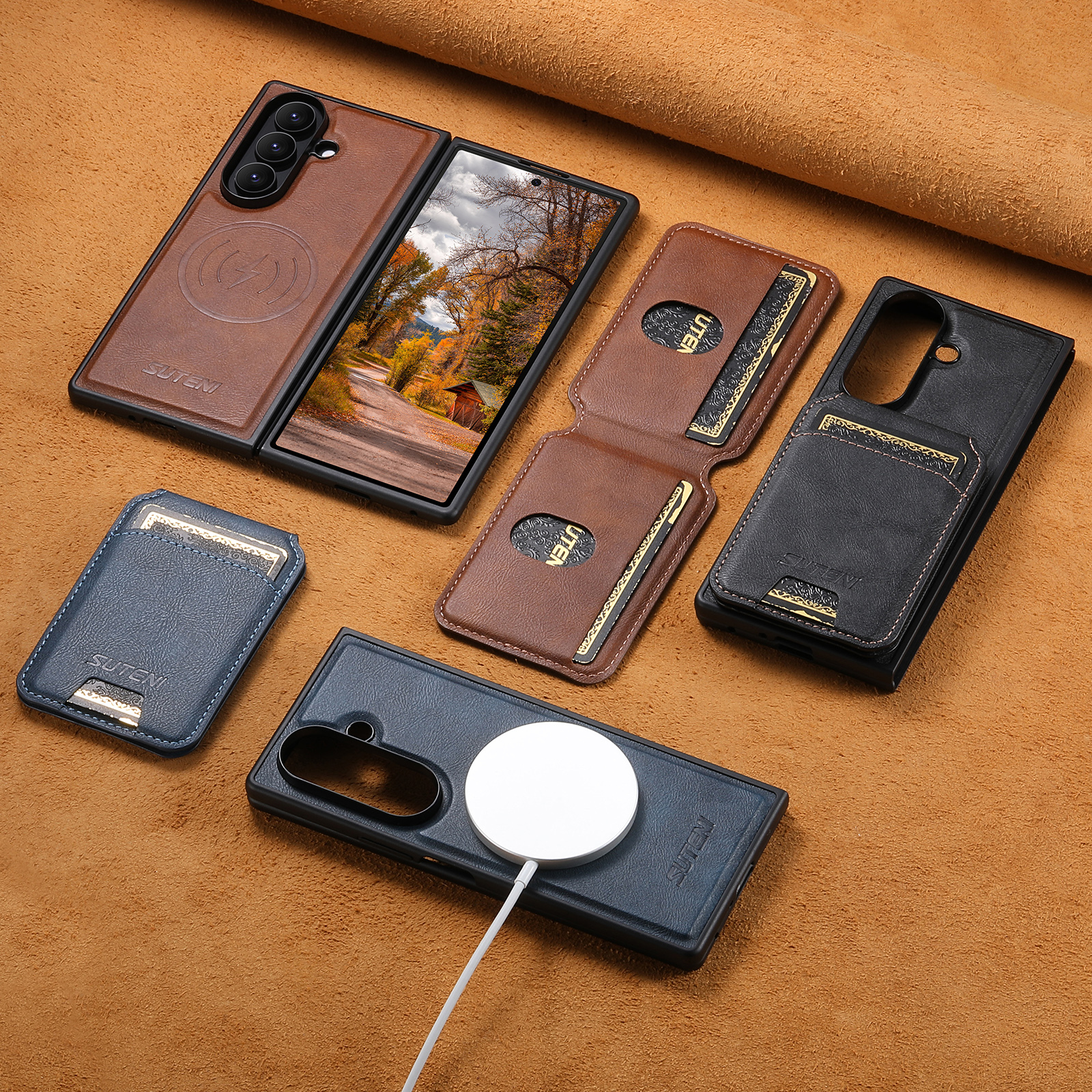 SUTENI M5 Magnet Wireless Charging Luxury Faux Leather Phone Case Card Holder Stand For Samsung Galaxy Z Fold 7 6