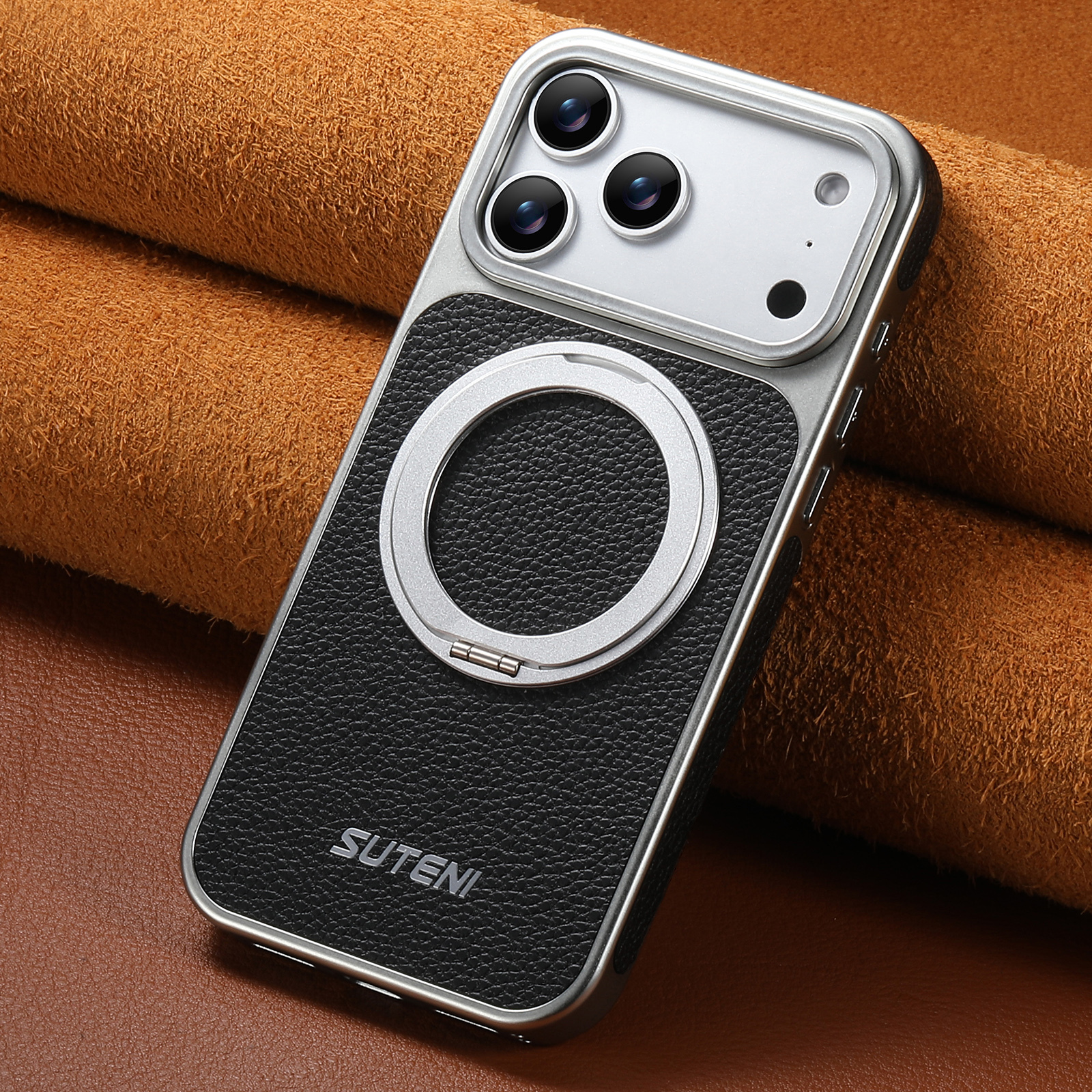 SUTENI G6DLZ Faux Leather Magnet Wireless Charging Phone Case 360° Rotating Stand Ring Buckle Frosted Feel For iPhone 17 Pro Max 16 15 14 13