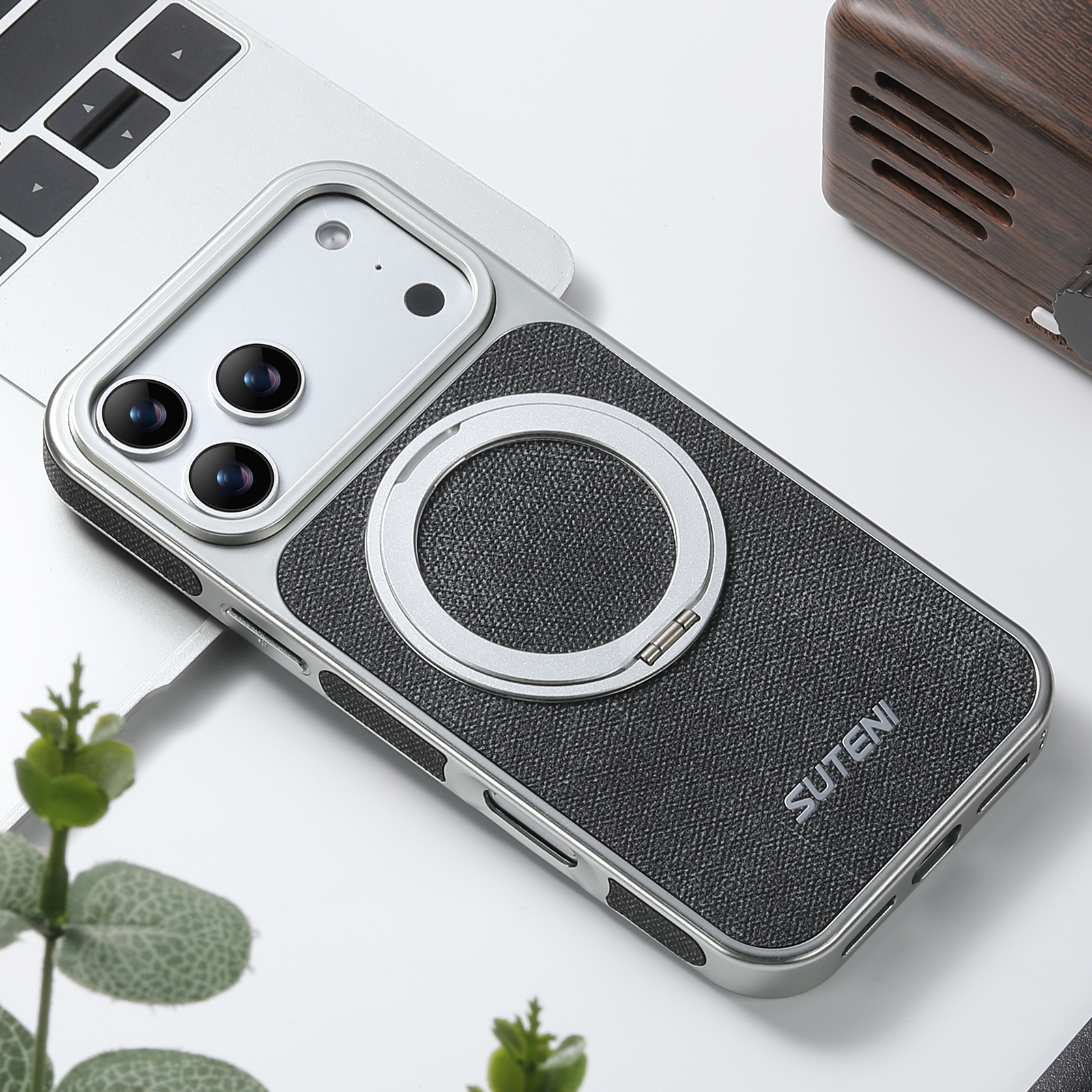 SUTENI G6NZ Faux Leather Magnet Wireless Charging Phone Case 360° Rotating Stand Ring Buckle Frosted Feel For iPhone 17 Pro Max 16 15 14 13