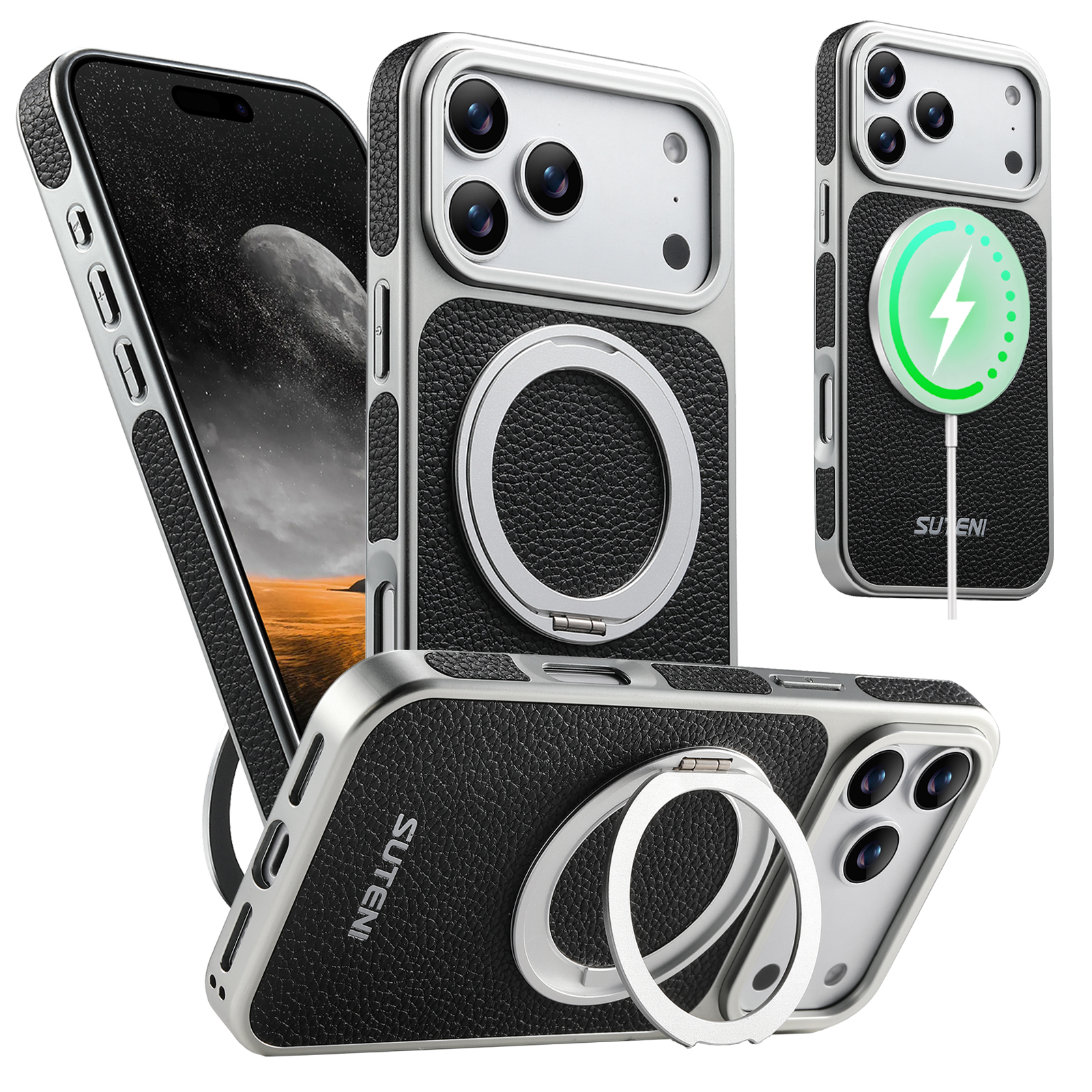 SUTENI G6DLZ Faux Leather Magnet Wireless Charging Phone Case 360° Rotating Stand Ring Buckle Frosted Feel For iPhone 17 Pro Max 16 15 14 13