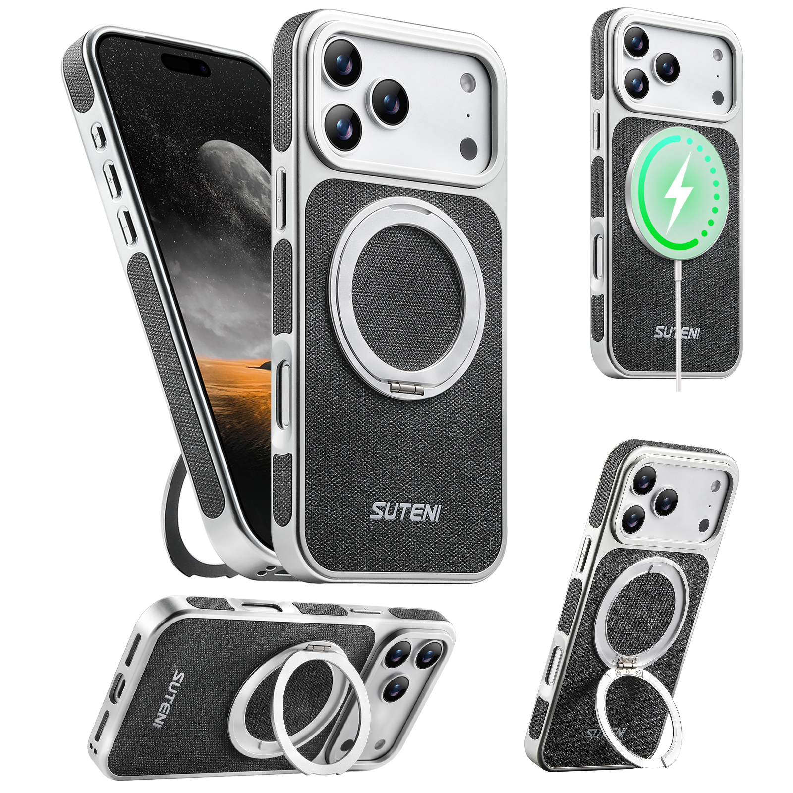 SUTENI G6NZ Faux Leather Magnet Wireless Charging Phone Case 360° Rotating Stand Ring Buckle Frosted Feel For iPhone 17 Pro Max 16 15 14 13