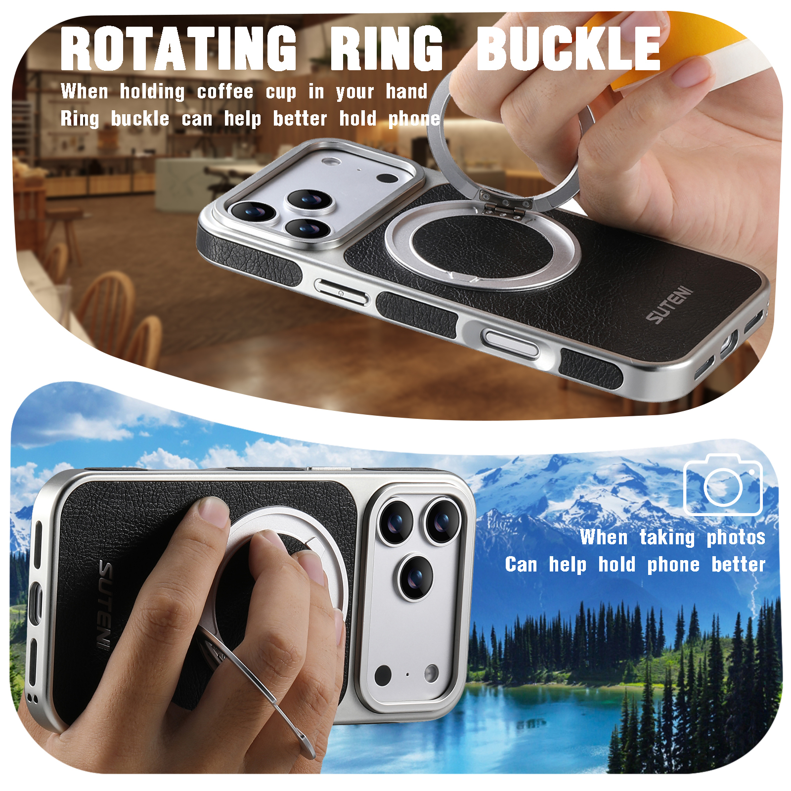 SUTENI G6FM Faux Leather Magnet Wireless Charging Phone Case 360° Rotating Stand Ring Buckle Frosted Feel For iPhone 17 Pro Max 16 15 14 13