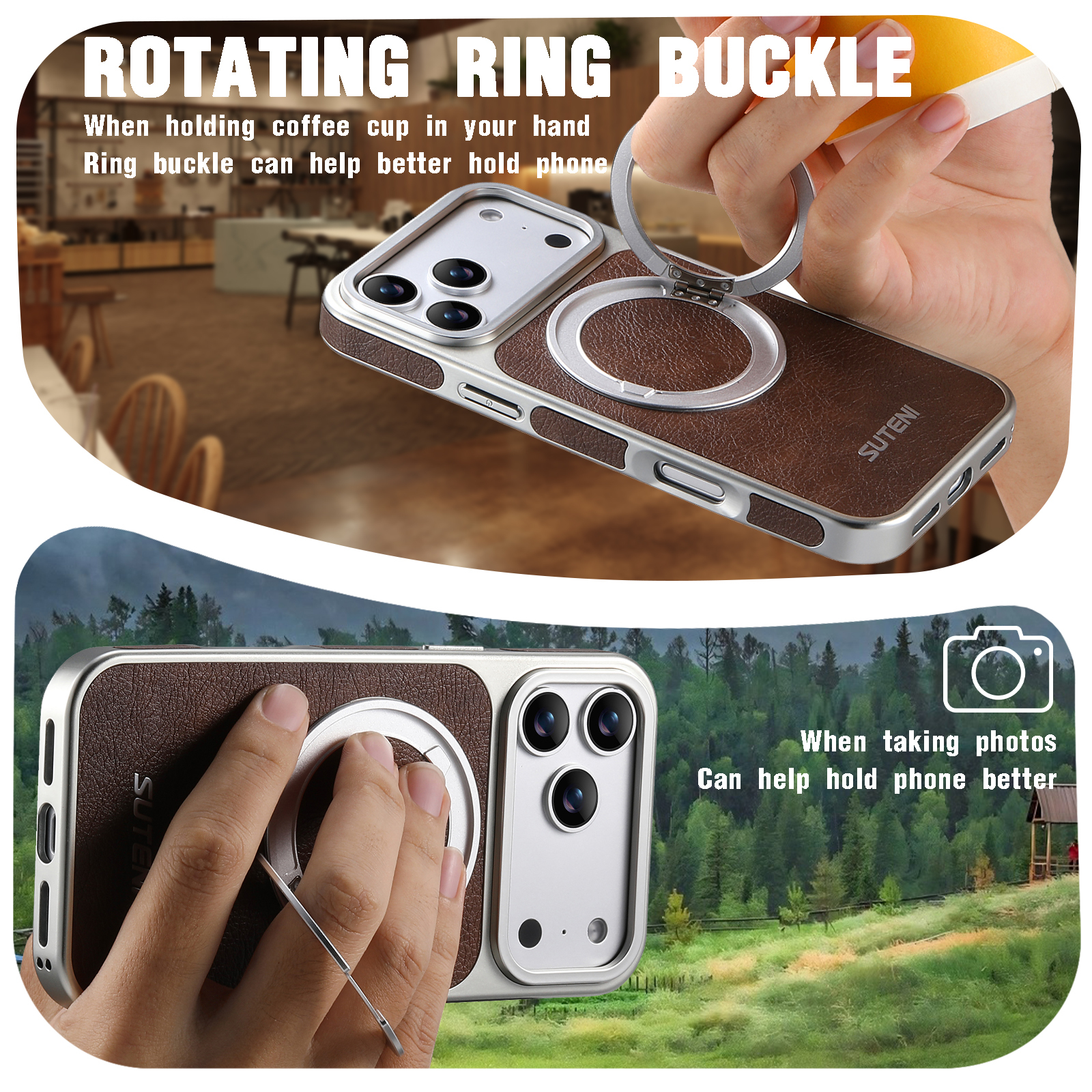 SUTENI G6FM Faux Leather Magnet Wireless Charging Phone Case 360° Rotating Stand Ring Buckle Frosted Feel For iPhone 17 Pro Max 16 15 14 13