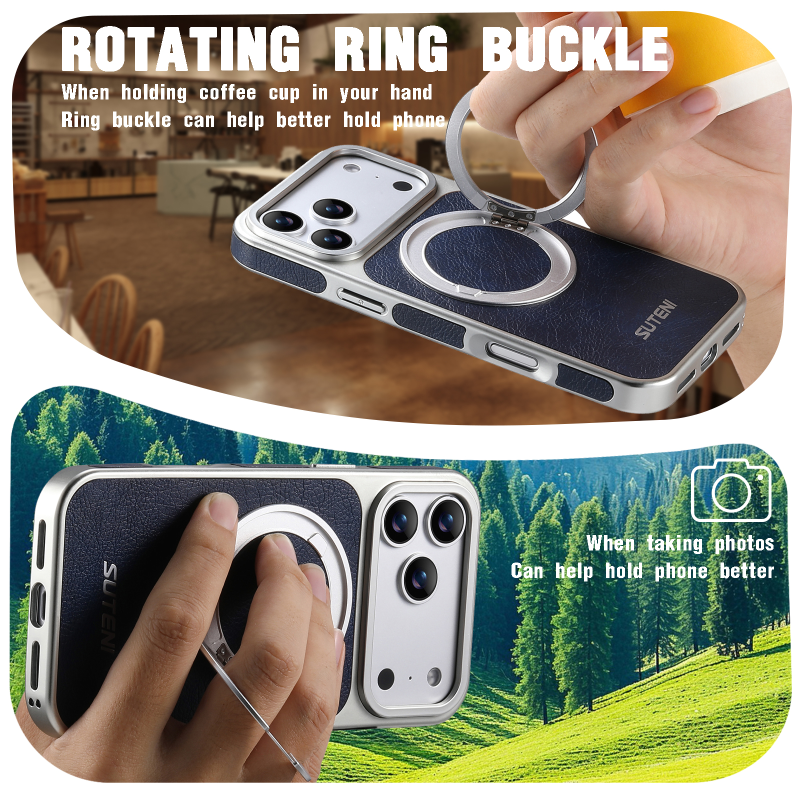 SUTENI G6FM Faux Leather Magnet Wireless Charging Phone Case 360° Rotating Stand Ring Buckle Frosted Feel For iPhone 17 Pro Max 16 15 14 13