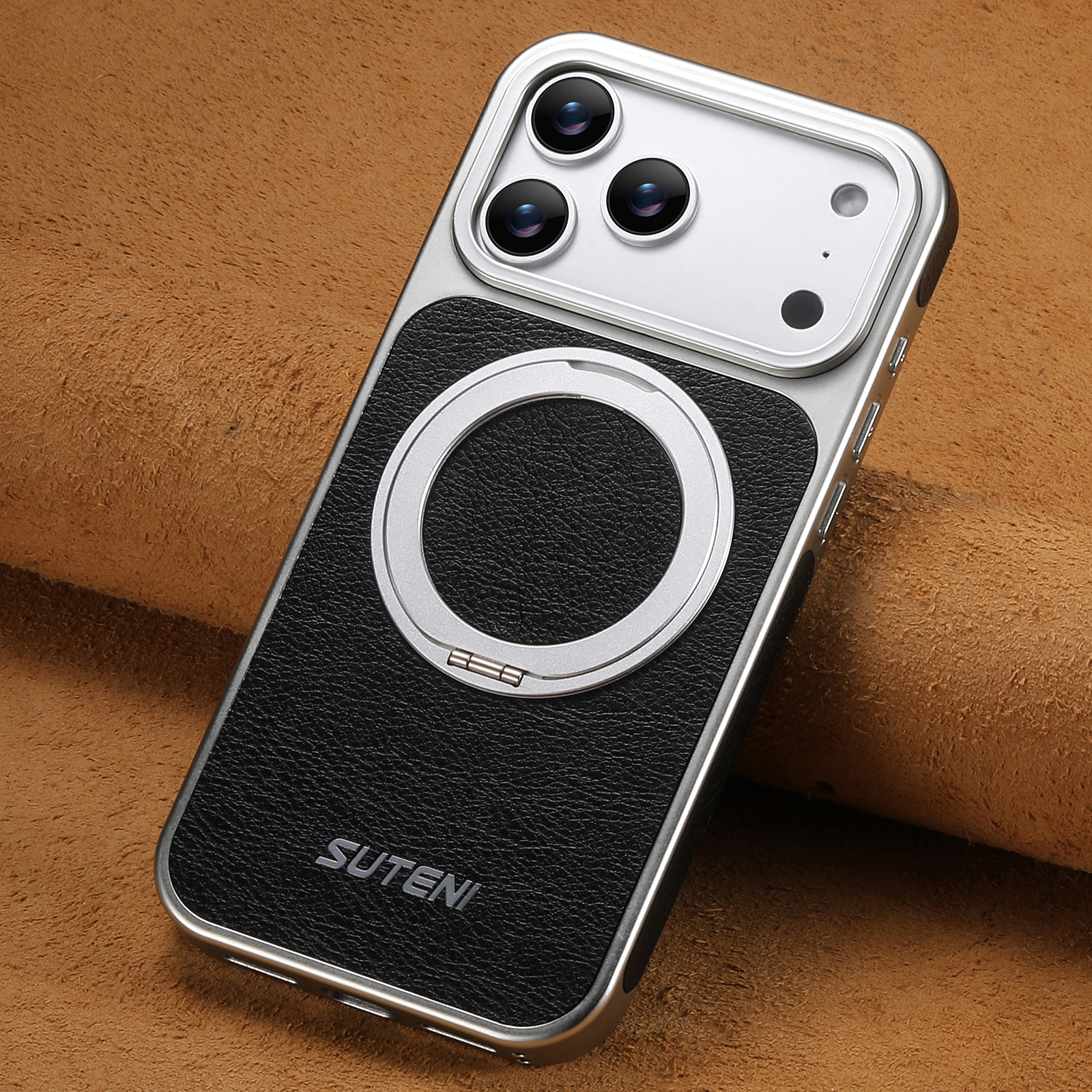 SUTENI G6FM Faux Leather Magnet Wireless Charging Phone Case 360° Rotating Stand Ring Buckle Frosted Feel For iPhone 17 Pro Max 16 15 14 13