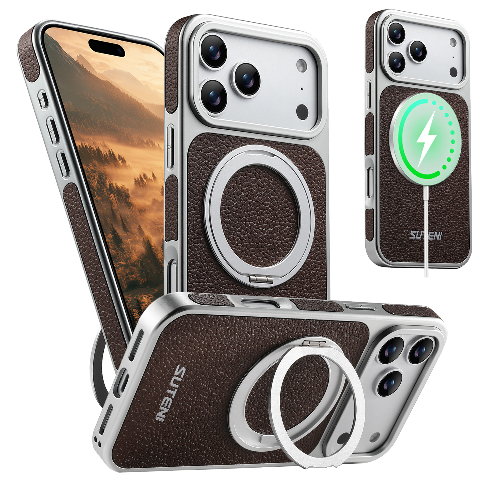 SUTENI G6DLZ Faux Leather Magnet Wireless Charging Phone Case 360° Rotating Stand Ring Buckle Frosted Feel For iPhone 17 Pro Max 16 15 14 13
