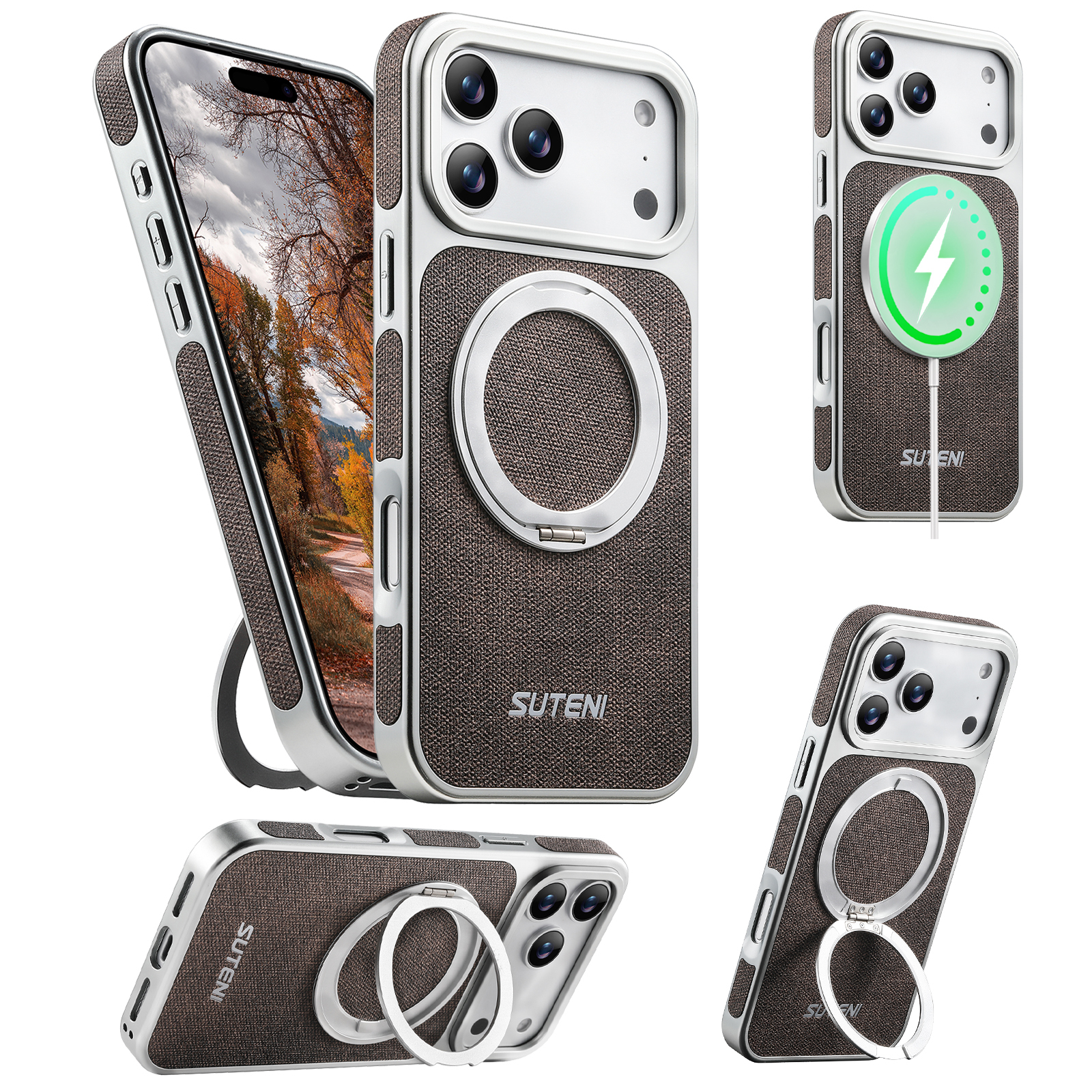 SUTENI G6NZ Faux Leather Magnet Wireless Charging Phone Case 360° Rotating Stand Ring Buckle Frosted Feel For iPhone 17 Pro Max 16 15 14 13