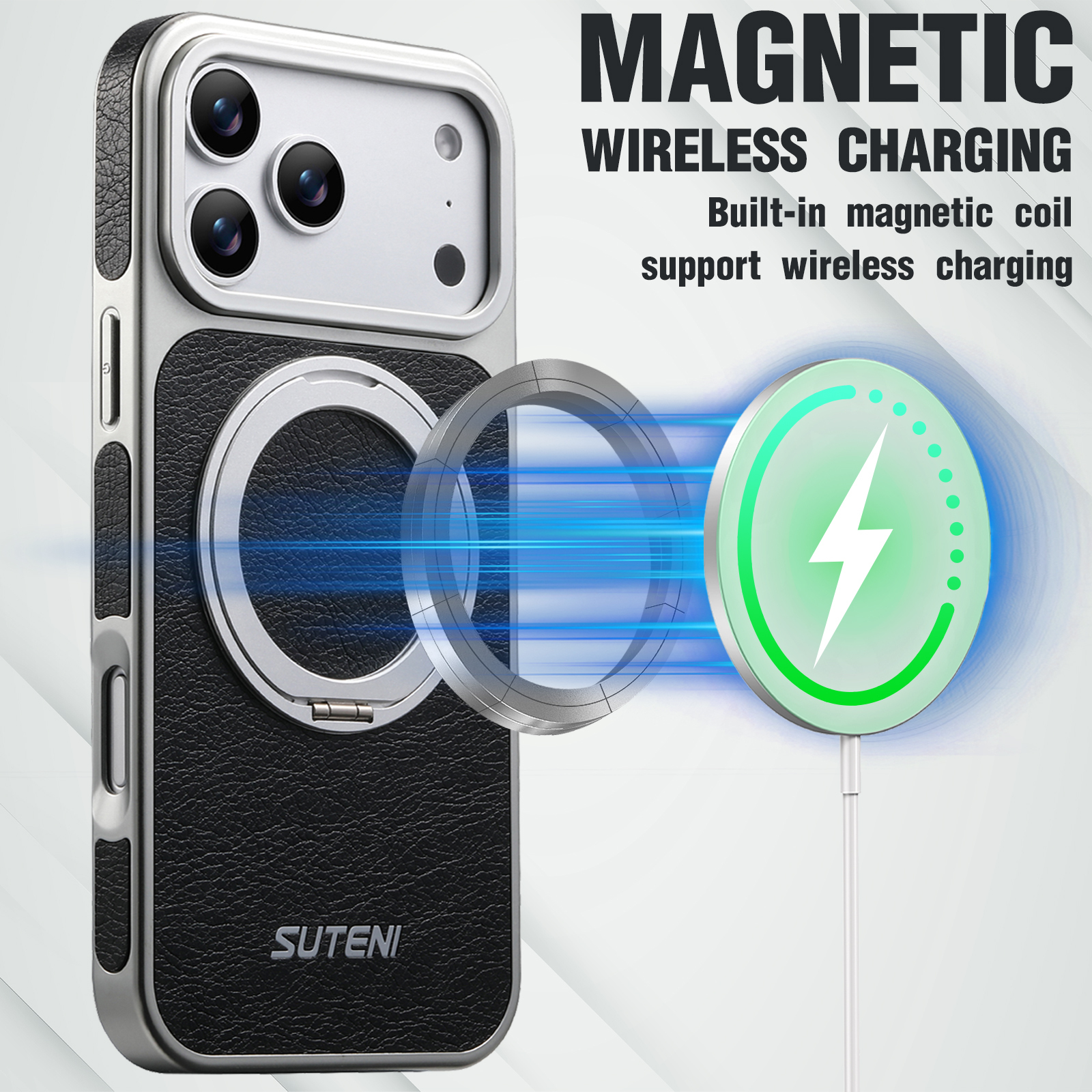 SUTENI G6FM Faux Leather Magnet Wireless Charging Phone Case 360° Rotating Stand Ring Buckle Frosted Feel For iPhone 17 Pro Max 16 15 14 13