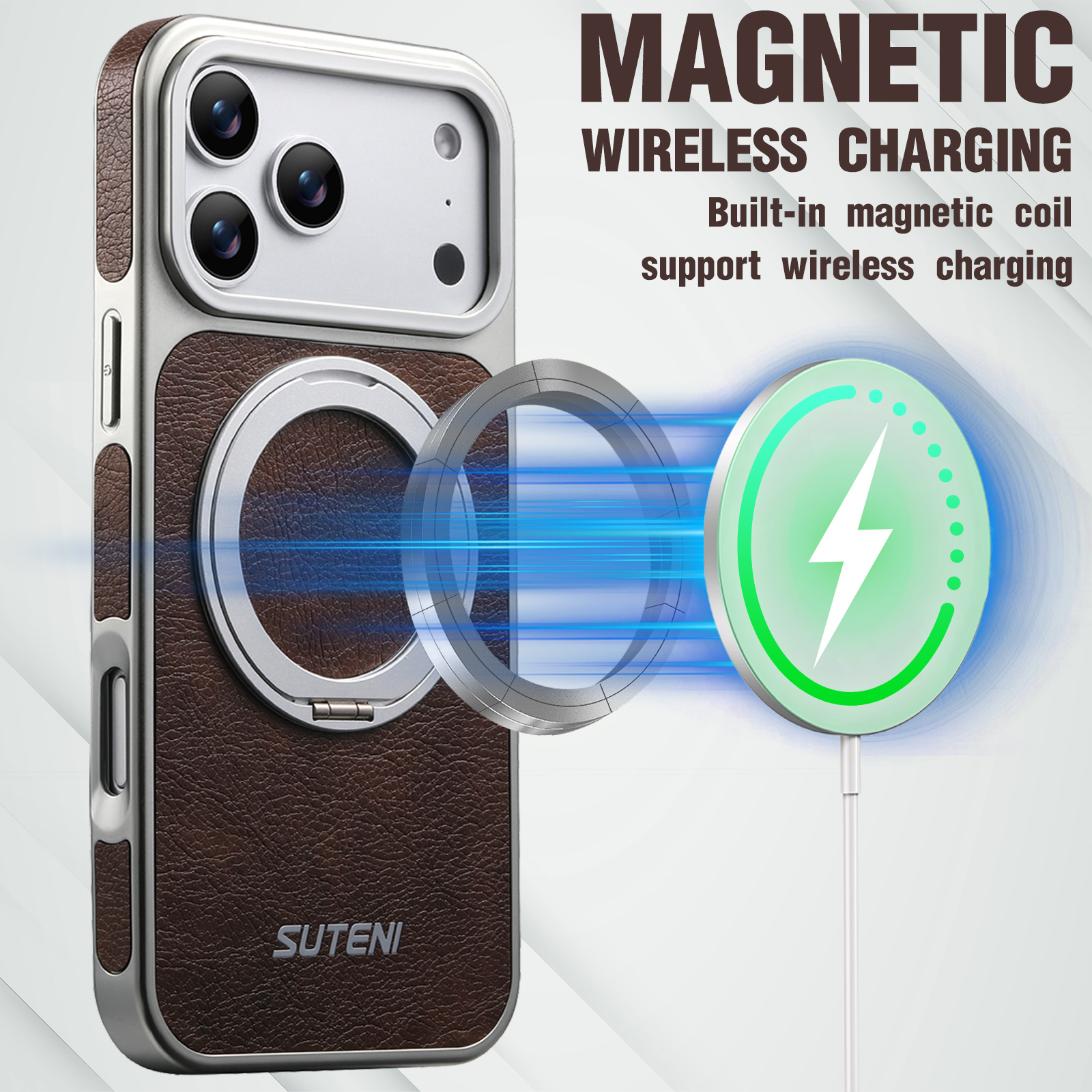 SUTENI G6FM Faux Leather Magnet Wireless Charging Phone Case 360° Rotating Stand Ring Buckle Frosted Feel For iPhone 17 Pro Max 16 15 14 13