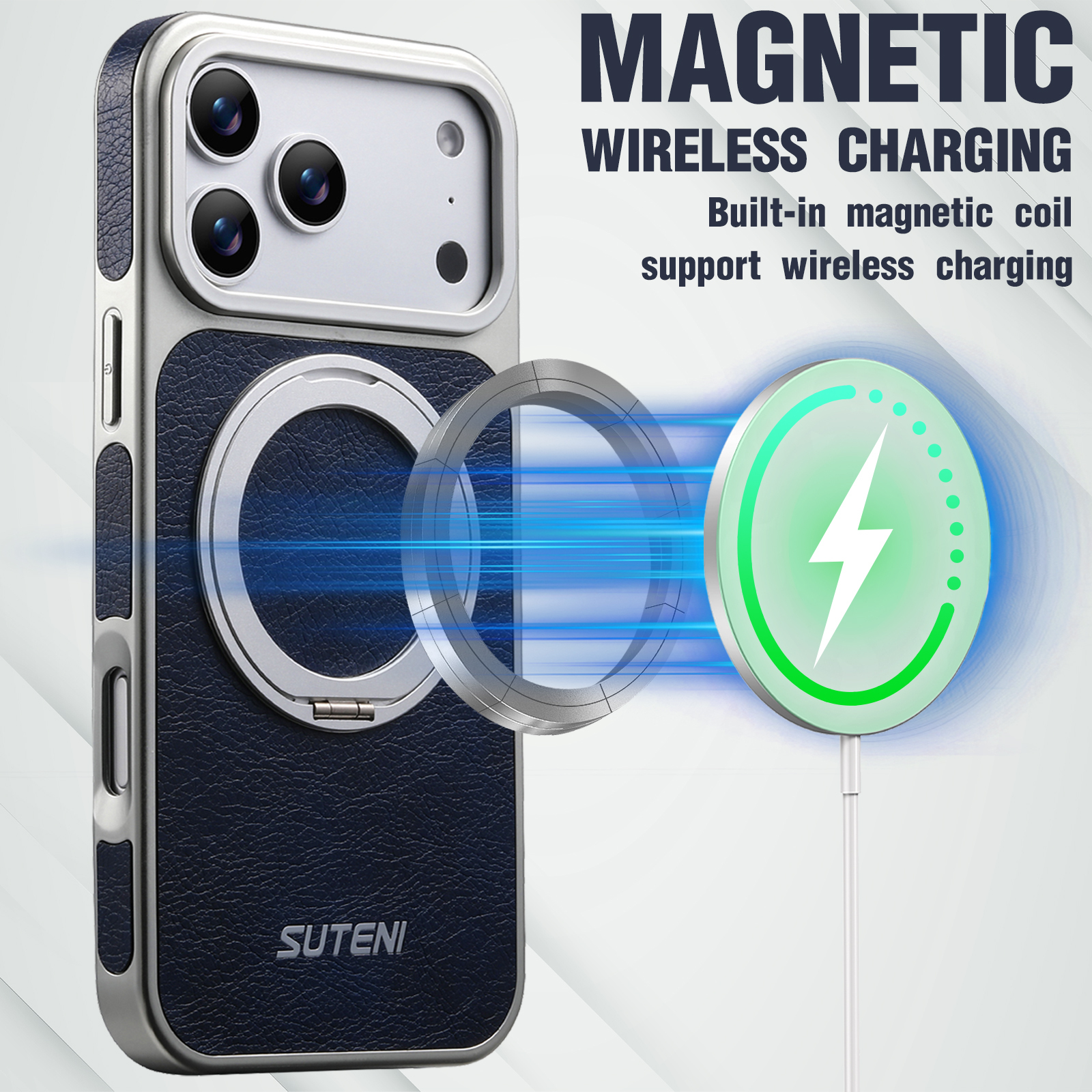 SUTENI G6FM Faux Leather Magnet Wireless Charging Phone Case 360° Rotating Stand Ring Buckle Frosted Feel For iPhone 17 Pro Max 16 15 14 13