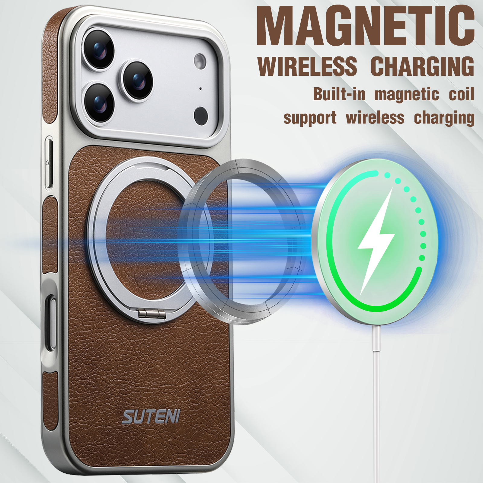 SUTENI G6FM Faux Leather Magnet Wireless Charging Phone Case 360° Rotating Stand Ring Buckle Frosted Feel For iPhone 17 Pro Max 16 15 14 13