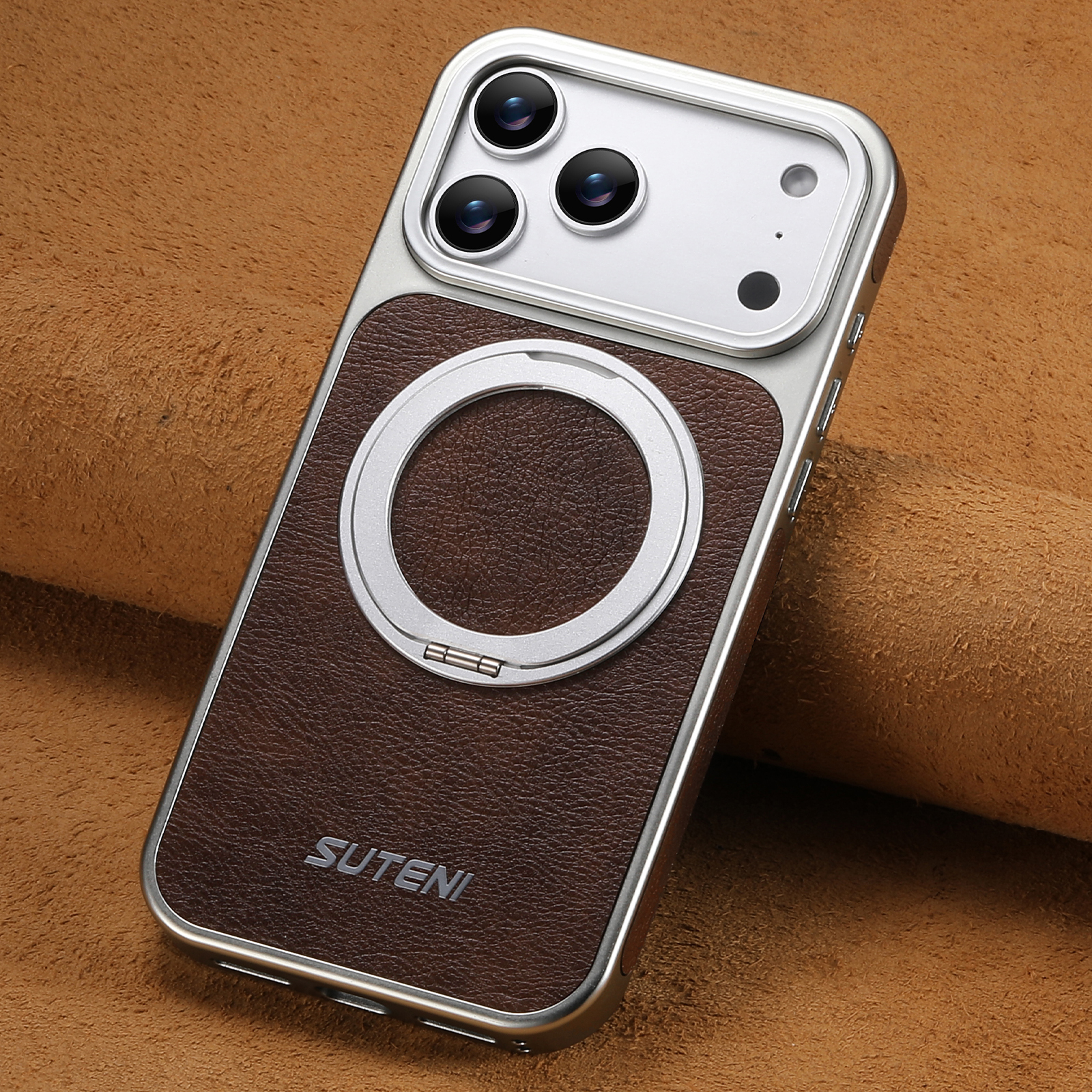SUTENI G6FM Faux Leather Magnet Wireless Charging Phone Case 360° Rotating Stand Ring Buckle Frosted Feel For iPhone 17 Pro Max 16 15 14 13