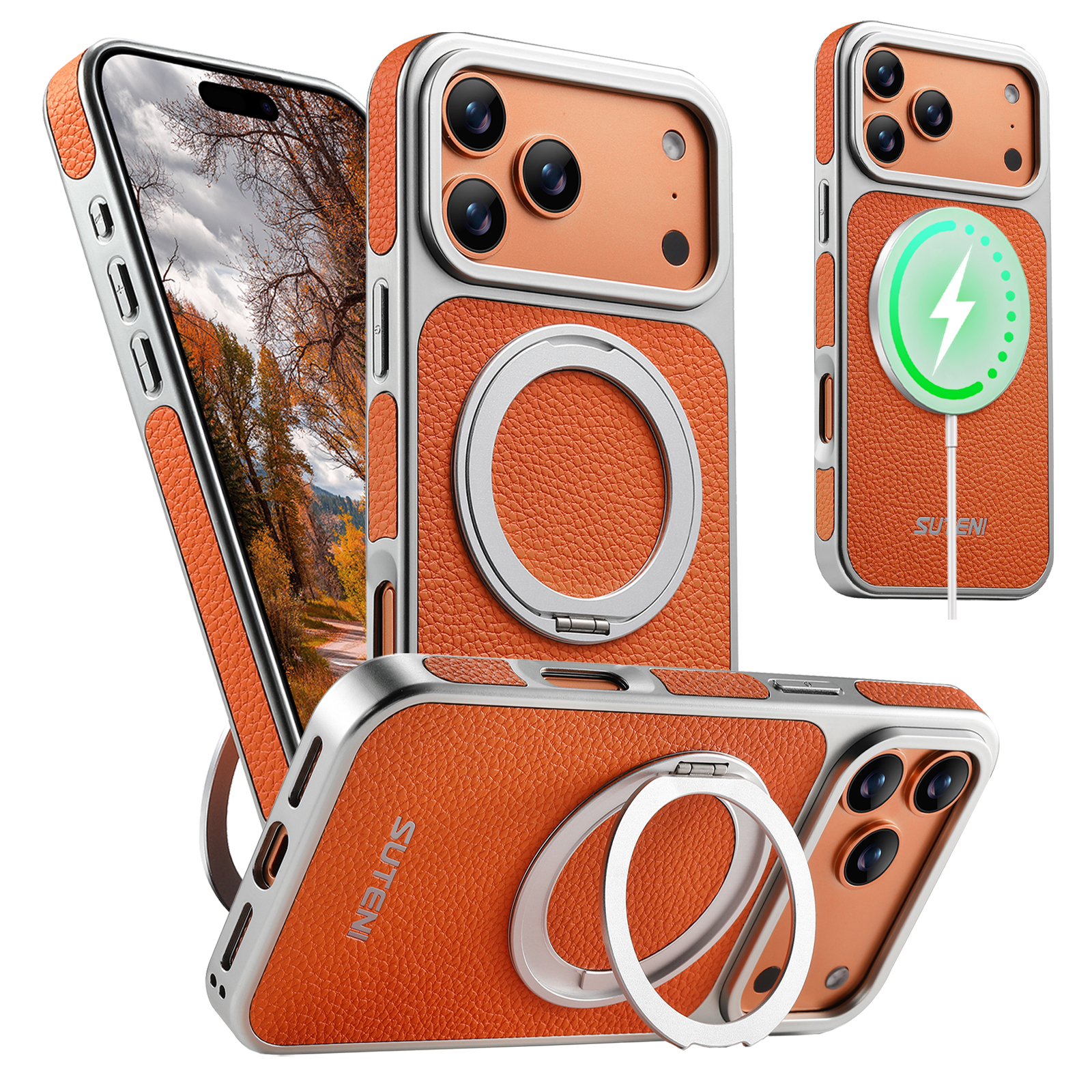SUTENI G6DLZ Faux Leather Magnet Wireless Charging Phone Case 360° Rotating Stand Ring Buckle Frosted Feel For iPhone 17 Pro Max 16 15 14 13