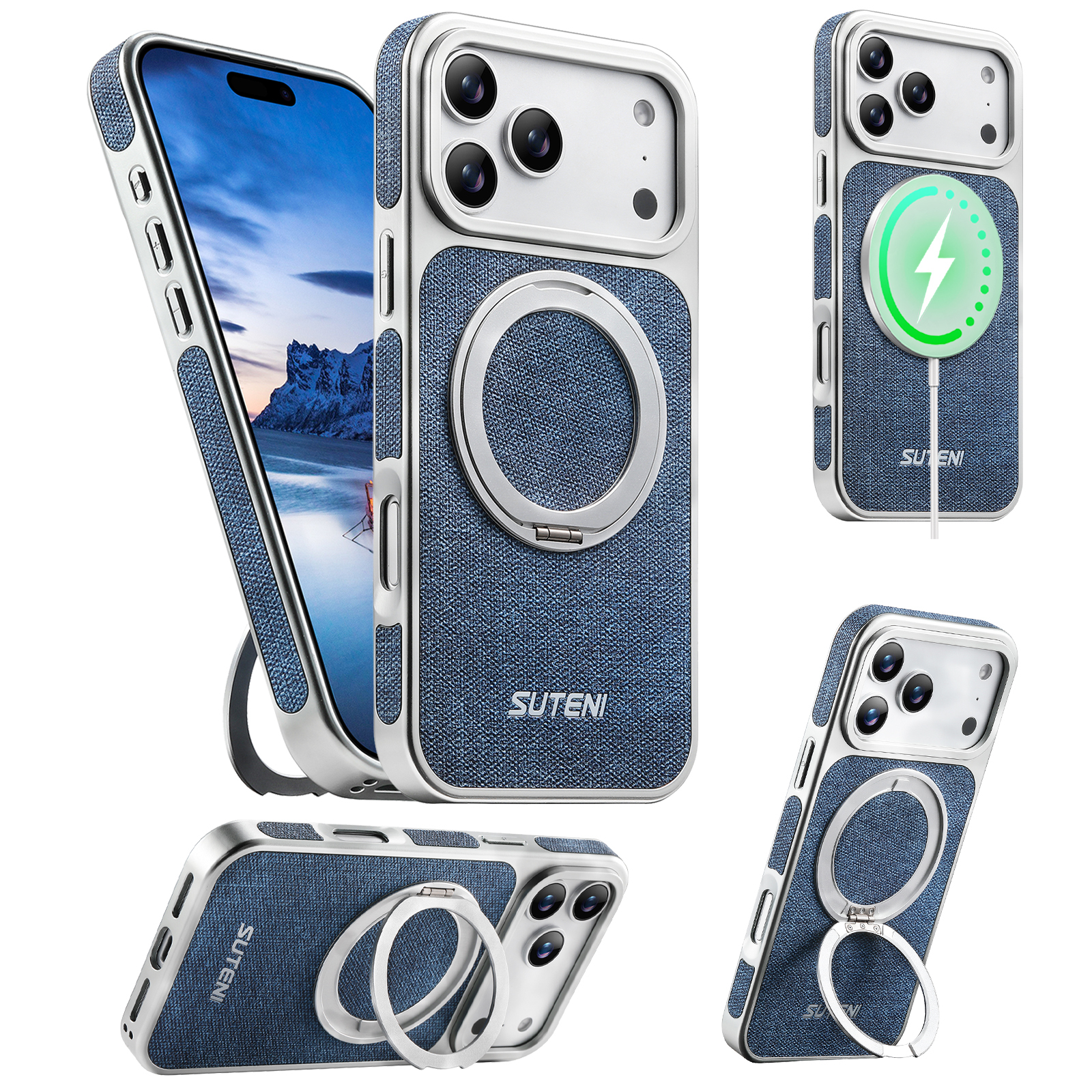 SUTENI G6NZ Faux Leather Magnet Wireless Charging Phone Case 360° Rotating Stand Ring Buckle Frosted Feel For iPhone 17 Pro Max 16 15 14 13