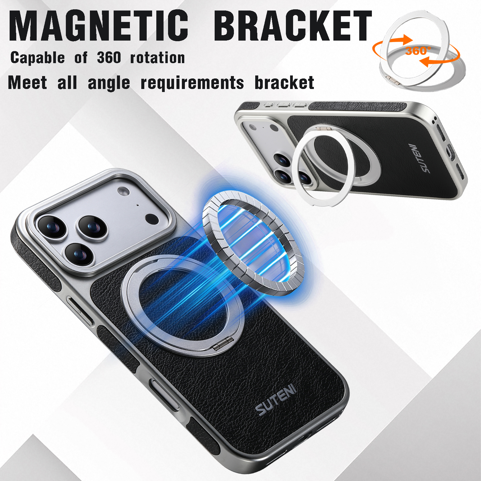 SUTENI G6FM Faux Leather Magnet Wireless Charging Phone Case 360° Rotating Stand Ring Buckle Frosted Feel For iPhone 17 Pro Max 16 15 14 13