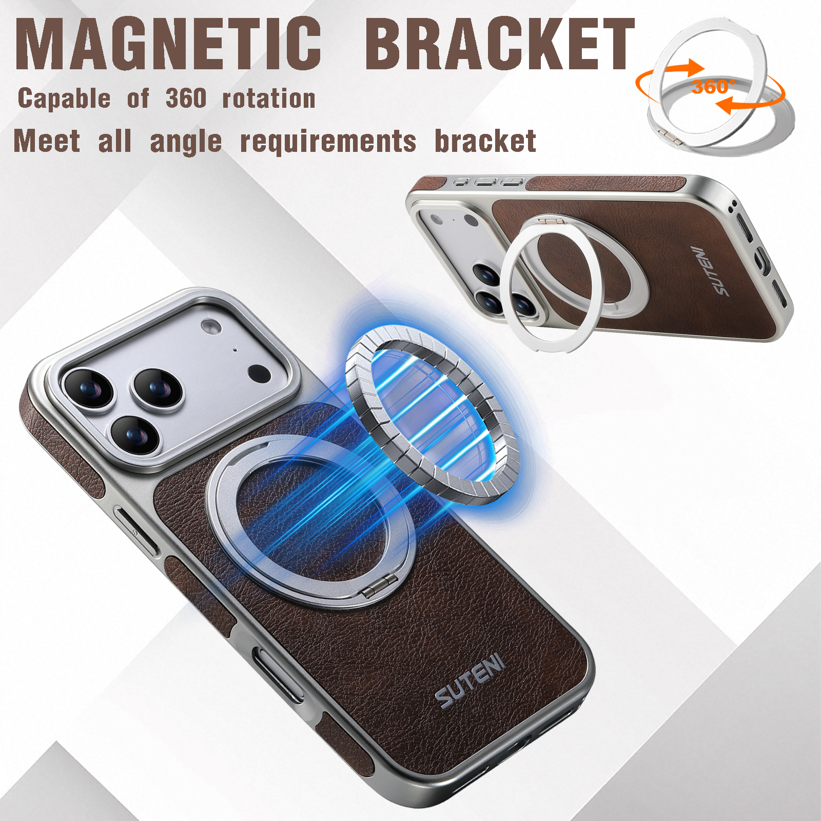 SUTENI G6FM Faux Leather Magnet Wireless Charging Phone Case 360° Rotating Stand Ring Buckle Frosted Feel For iPhone 17 Pro Max 16 15 14 13