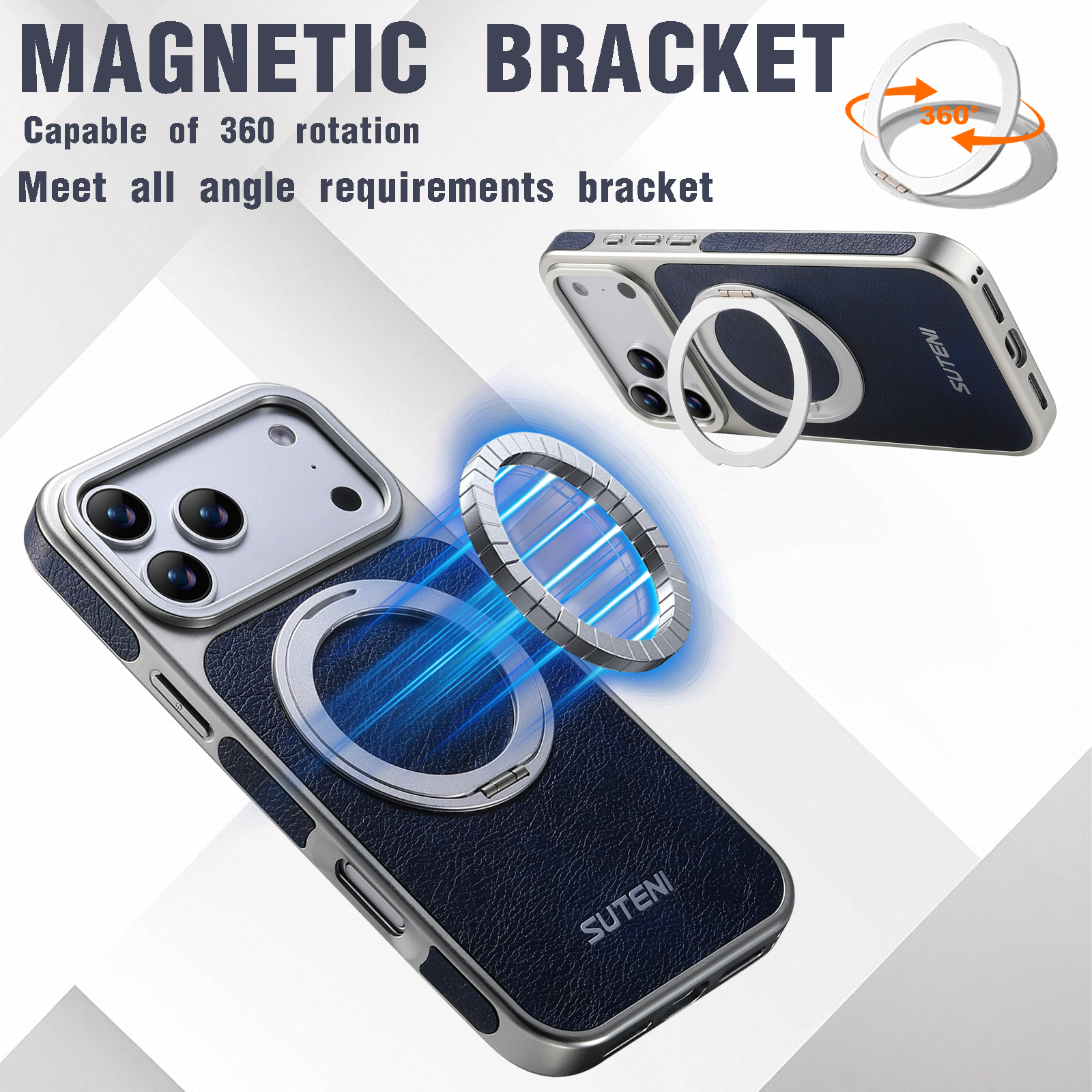 SUTENI G6FM Faux Leather Magnet Wireless Charging Phone Case 360° Rotating Stand Ring Buckle Frosted Feel For iPhone 17 Pro Max 16 15 14 13