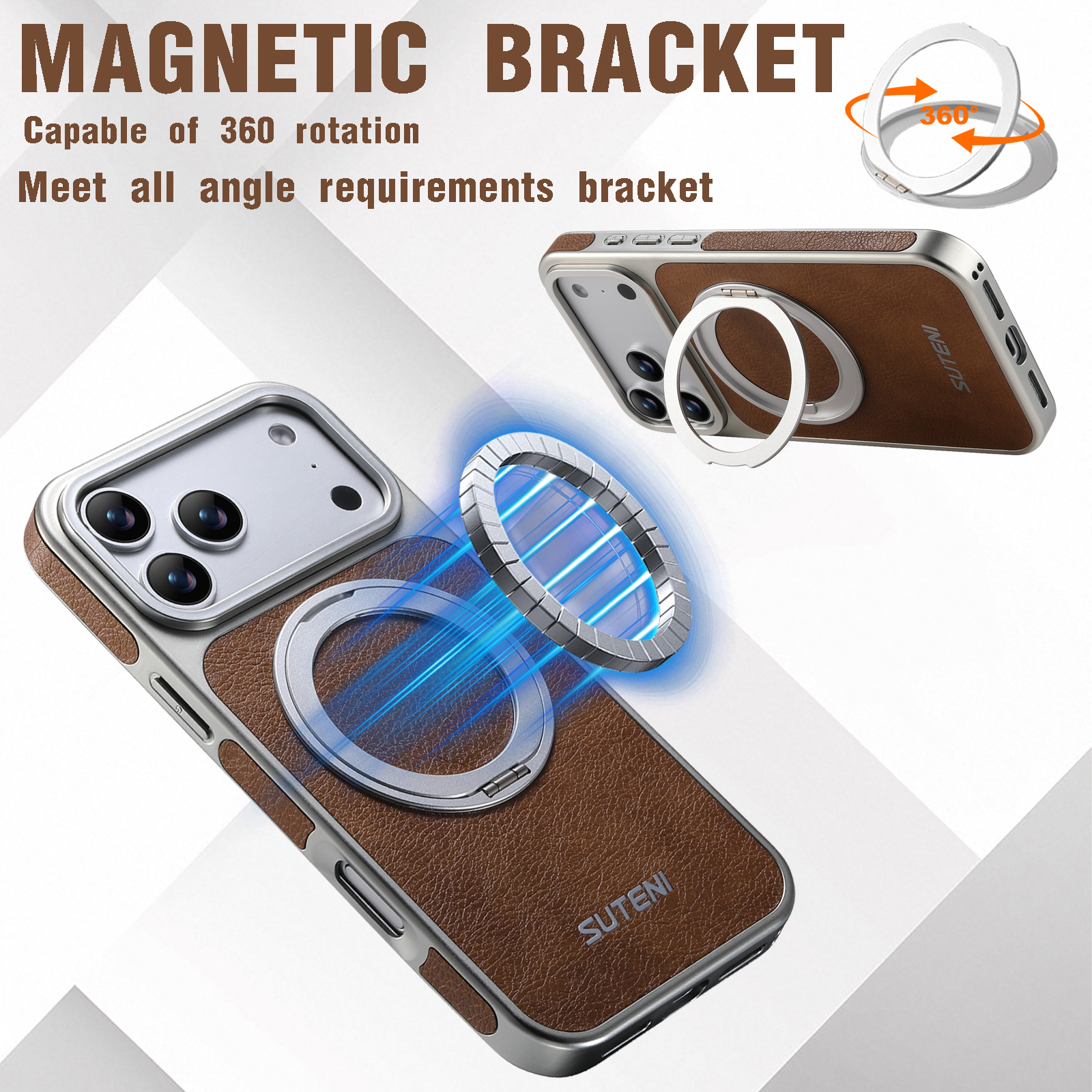 SUTENI G6FM Faux Leather Magnet Wireless Charging Phone Case 360° Rotating Stand Ring Buckle Frosted Feel For iPhone 17 Pro Max 16 15 14 13