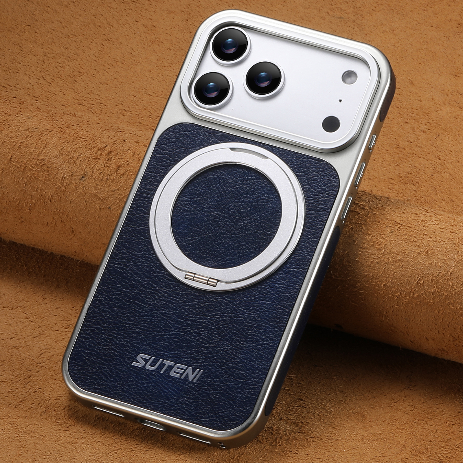 SUTENI G6FM Faux Leather Magnet Wireless Charging Phone Case 360° Rotating Stand Ring Buckle Frosted Feel For iPhone 17 Pro Max 16 15 14 13
