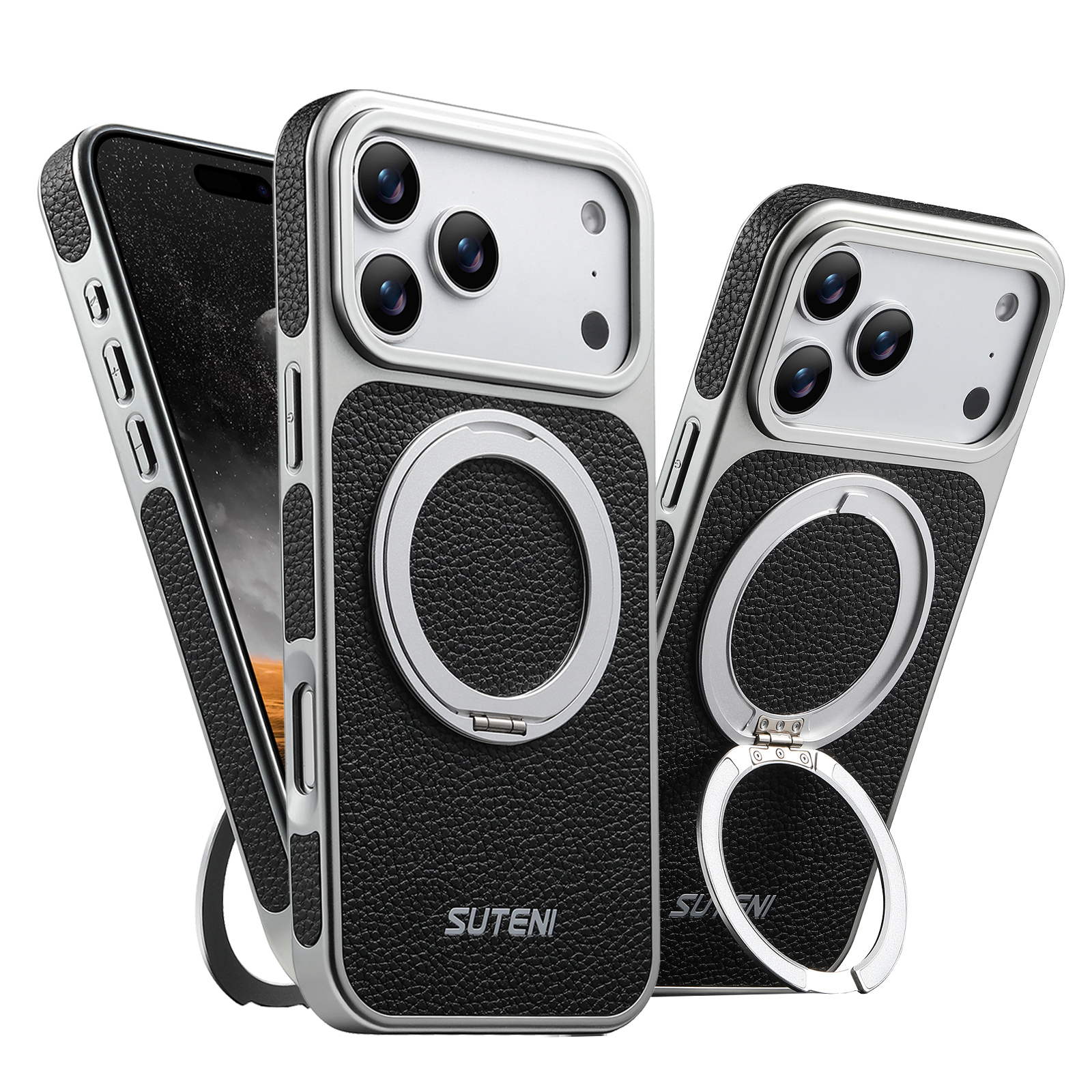 SUTENI G6DLZ Faux Leather Magnet Wireless Charging Phone Case 360° Rotating Stand Ring Buckle Frosted Feel For iPhone 17 Pro Max 16 15 14 13